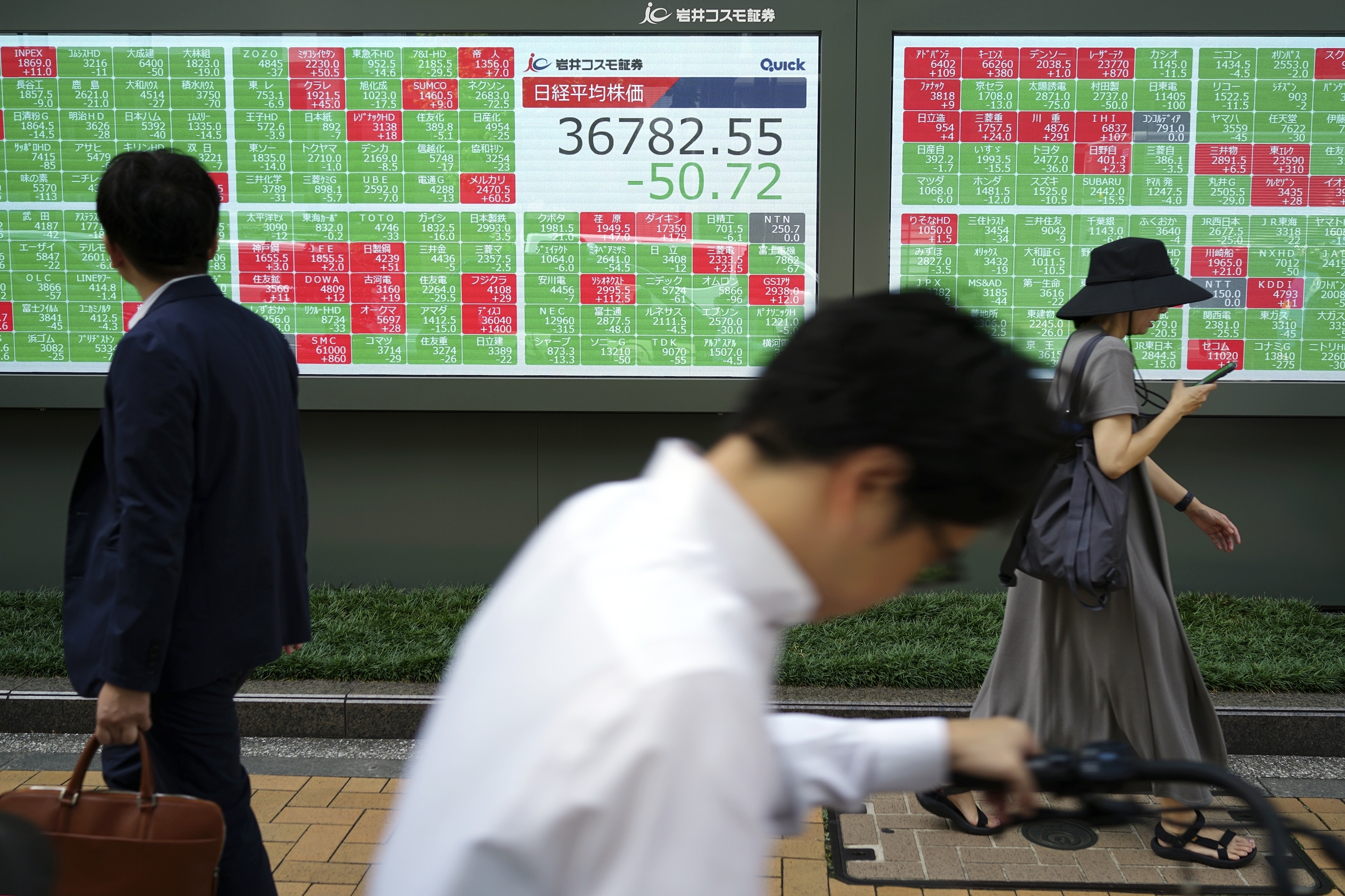 People walk in front of an electronic stock board showing Japan's Nikkei index at a securities firm Friday, Sept. 13, 2024, in Tokyo. (AP Photo/Eugene Hoshiko)