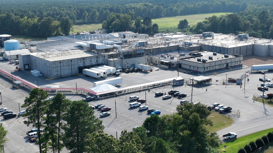 An aerial view of the Boar's Head processing plant that was tied to a deadly food poisoning outbreak Thursday Aug. 29, 2024, in Jarratt, Va. (AP Photo/Steve Helber)