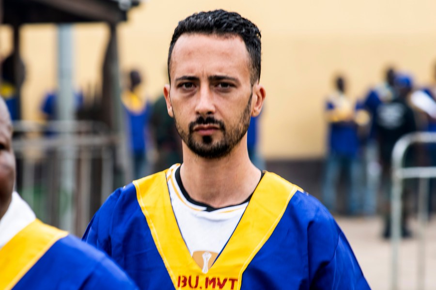 CORRECTS ID: American Benjamin Reuben Zalman-Polun arrives for a court verdict in Congo, Kinshasa, Friday Sept .13, 2024, on charges of taking part in a coup attempt in May 2024. (AP Photo/Samy Ntumba Shambuyi)