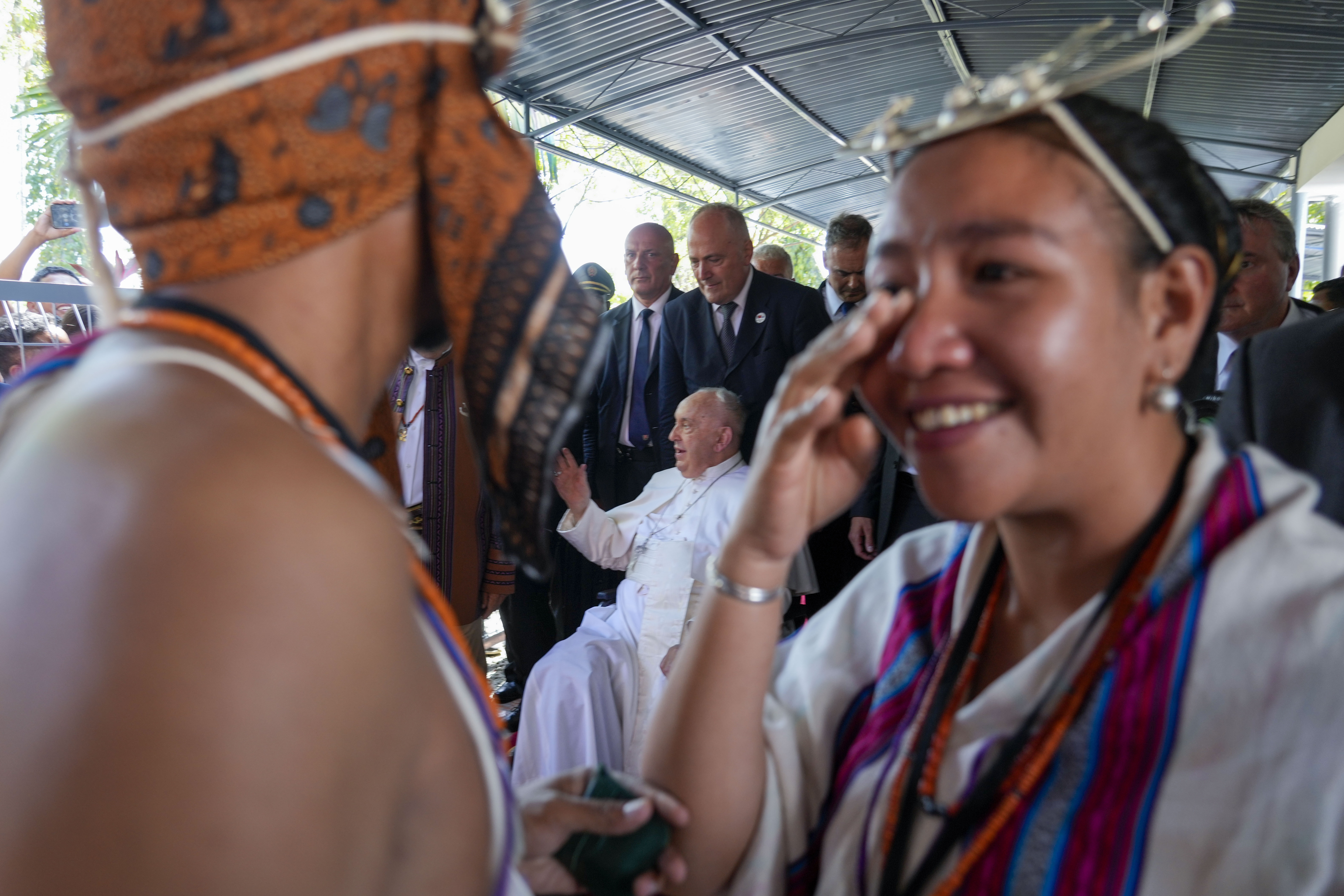 Pope Francis arrives at Dili's Presidente Nicolau Lobato International Airport, East Timor, Monday, Sept. 9, 2024. In East Timor Francis had to negotiate perhaps the most sensitive issue clouding the visit to Asia and Oceania : the case of Bishop Carlos Ximenes Belo, the revered national hero who won the Nobel Peace Prize for his nonviolent independence campaign. (AP Photo/Gregorio Borgia)