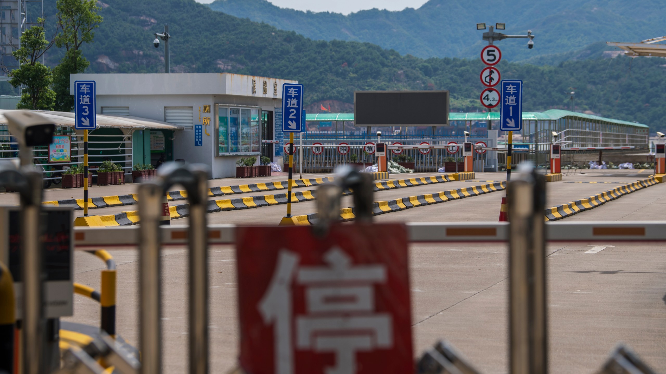 In this photo released by Xinhua News Agency, a ferry terminal is closed as they brace for impact from Typhoon Bebinca, in Xiangshan County, east China's Zhejiang Province, Sunday, Sept. 15, 2024. (Jiang Han/Xinhua via AP)