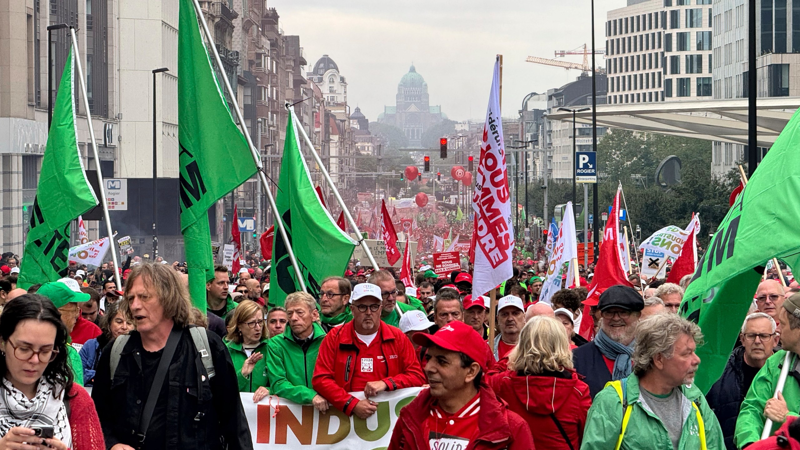 Workers of the German automaker Audi protest the threat of massive layoffs in downtown Brussels, Belgium, Monday Sept. 16, 2024. (AP Photo/Sylvain Plazy)