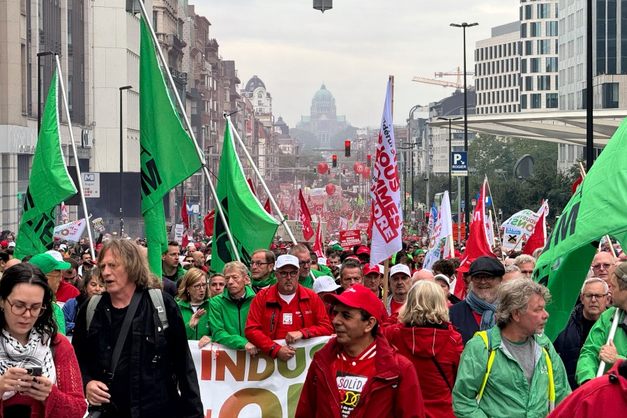 Workers of the German automaker Audi protest the threat of massive layoffs in downtown Brussels, Belgium, Monday Sept. 16, 2024. (AP Photo/Sylvain Plazy)