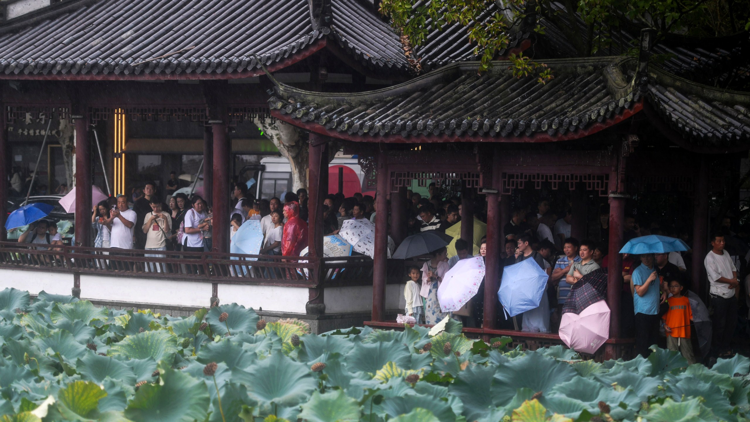 Tourists take shelter in pavilions from the rains brought by Typhoon Bebinca during the Mid-Autumn Festival holiday, in Hangzhou in east China's Zhejiang province, Monday, Sept. 16, 2024. (Chinatopix Via AP)