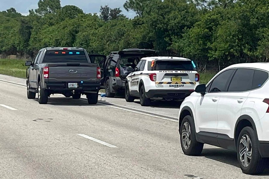 This photo provided by the Martin County Sheriff's Office shows Sheriff's vehicles surrounding an SUV on the northbound I-95 in Martin County on Sunday, Sept. 15, 2024. (Martin County Sheriff's Office via AP)