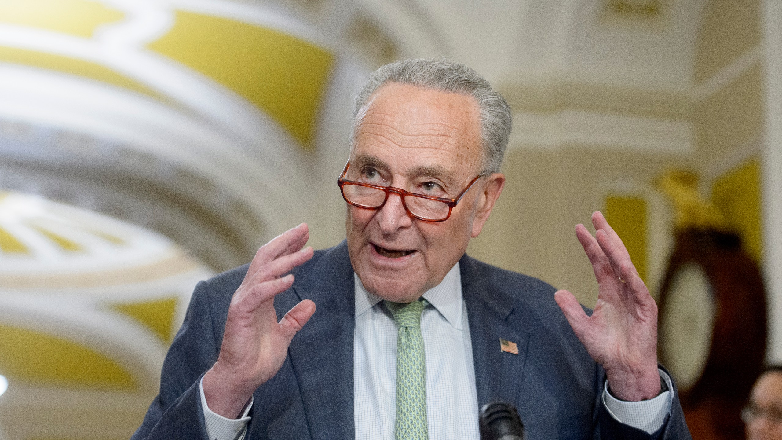 Senate Majority Leader Chuck Schumer, D-N.Y., offers remarks following the Senate Democrat policy luncheon at the Capitol in Washington, Tuesday, Sept. 10, 2024. (AP Photo/Rod Lamkey, Jr.)