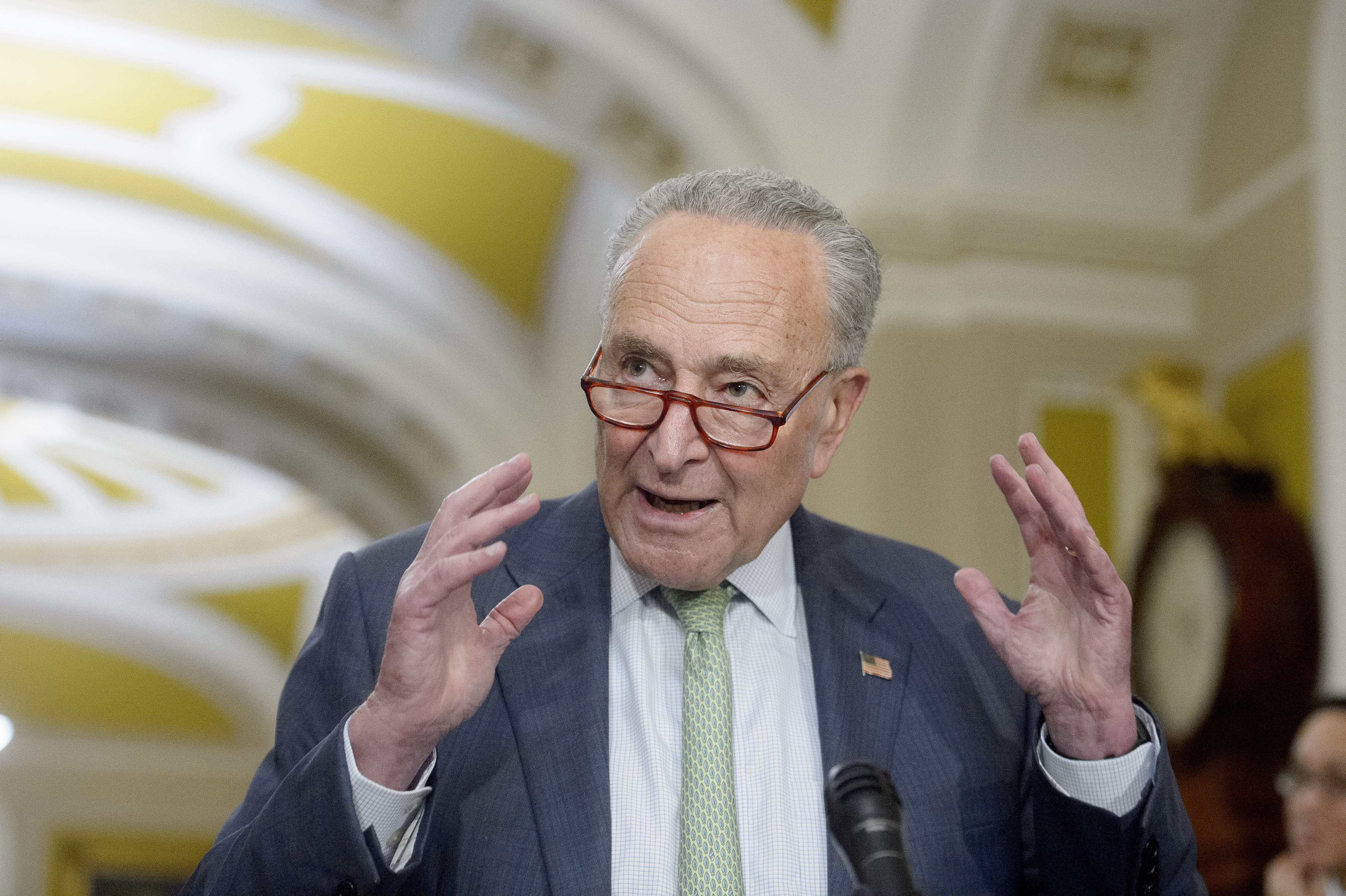 Senate Majority Leader Chuck Schumer, D-N.Y., offers remarks following the Senate Democrat policy luncheon at the Capitol in Washington, Tuesday, Sept. 10, 2024. (AP Photo/Rod Lamkey, Jr.)