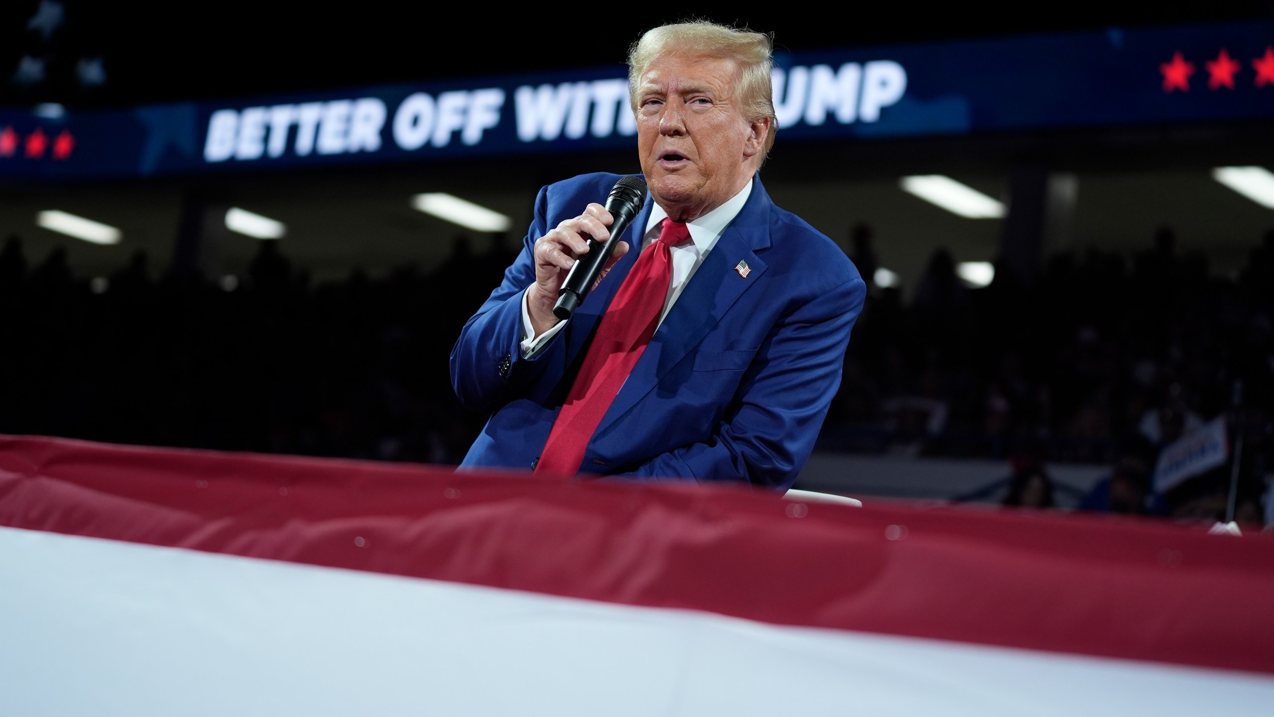 Republican presidential candidate former President Donald Trump speaks during a town hall event at the Dort Financial Center, Tuesday, Sept. 17, 2024, in Flint, Mich. (AP Photo/Evan Vucci)