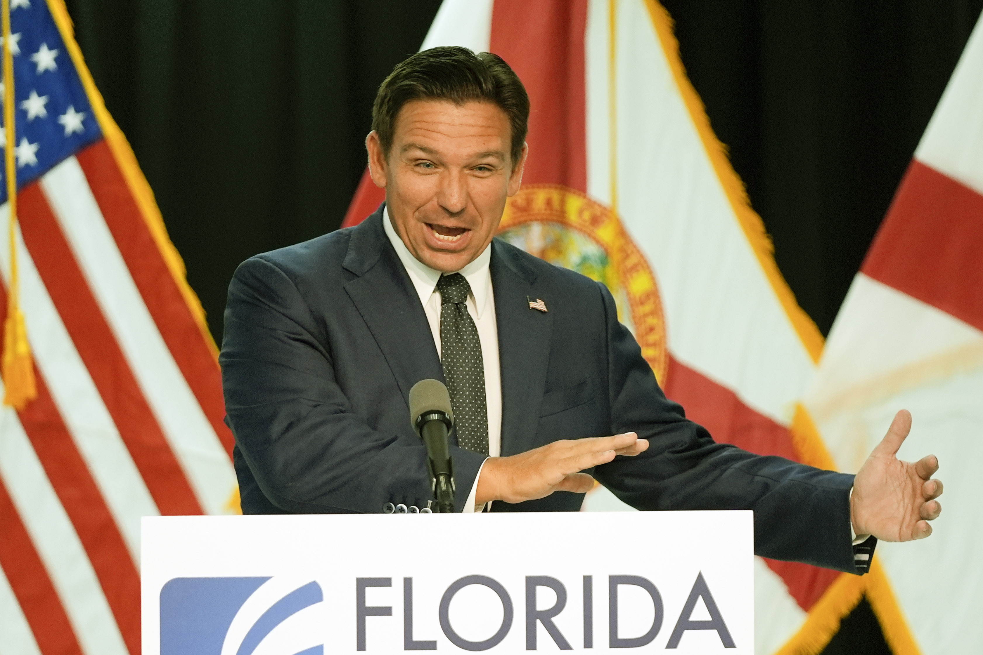 Florida Gov. Ron DeSantis delivers remarks and answers questions at a news conference Monday, Sept. 16, 2024, in Orlando, Fla. (AP Photo/John Raoux)