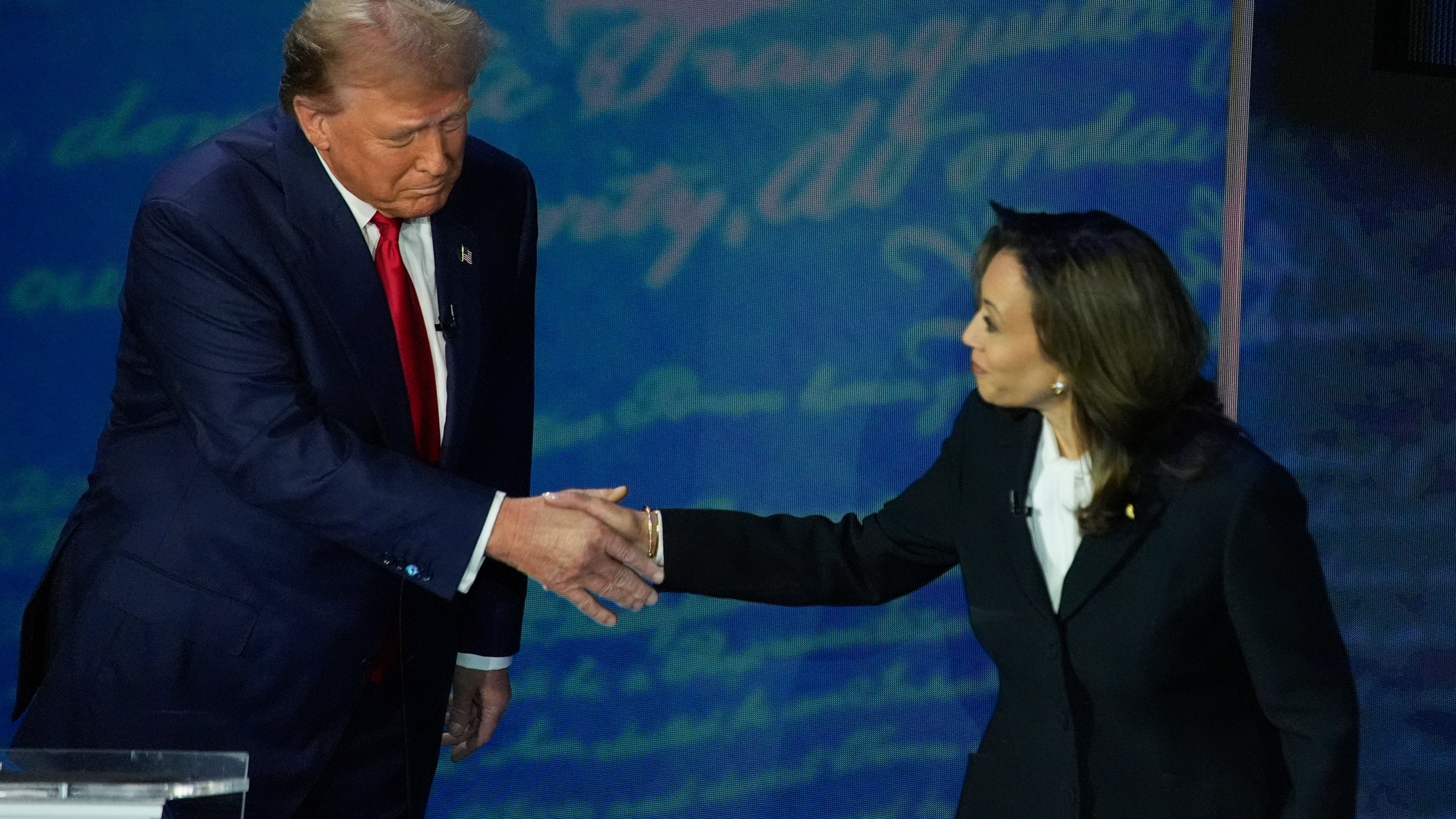 Republican presidential nominee former President Donald Trump shakes hands with Democratic presidential nominee Vice President Kamala Harris during an ABC News presidential debate at the National Constitution Center, Tuesday, Sept.10, 2024, in Philadelphia. (AP Photo/Alex Brandon)