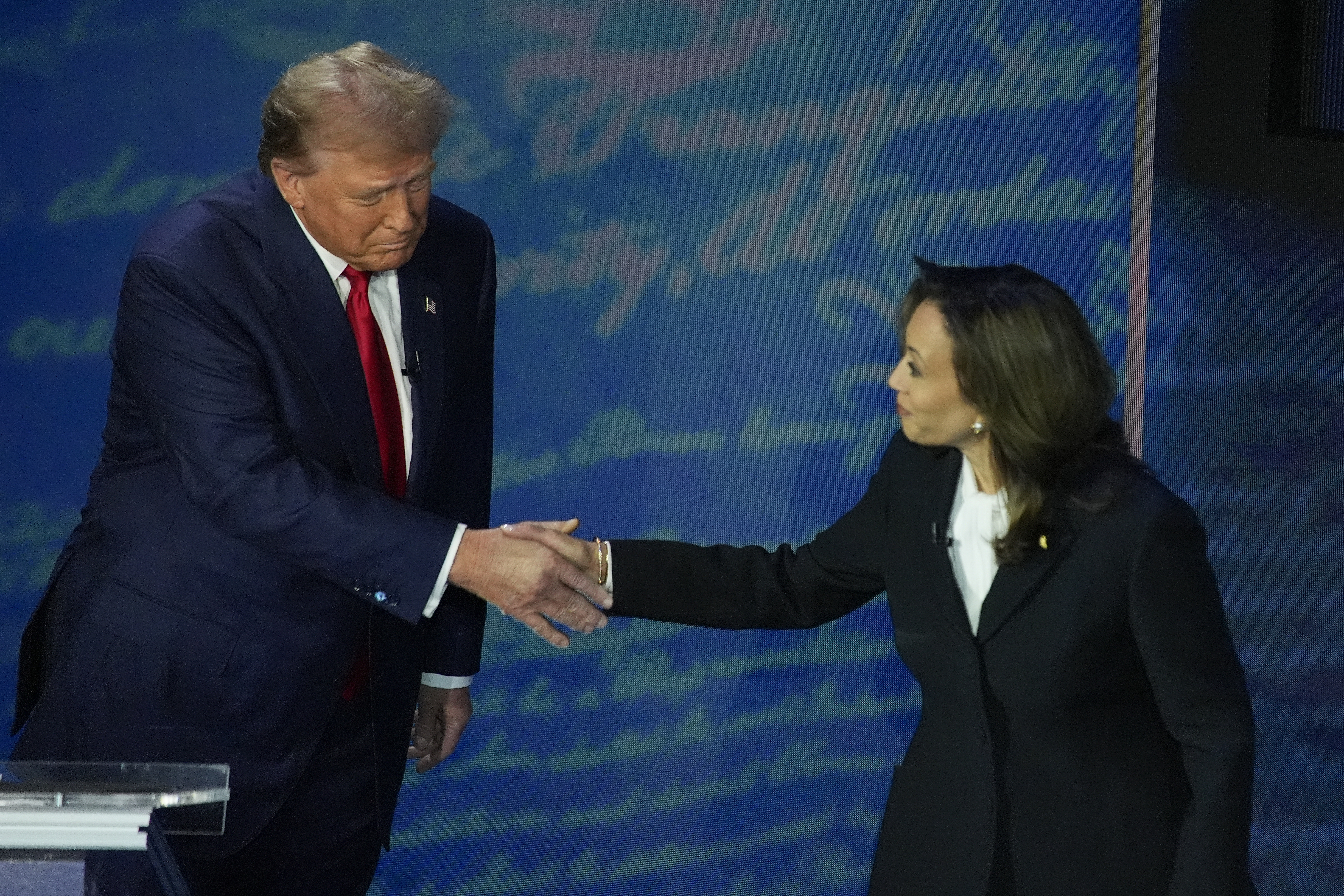 Republican presidential nominee former President Donald Trump shakes hands with Democratic presidential nominee Vice President Kamala Harris during an ABC News presidential debate at the National Constitution Center, Tuesday, Sept.10, 2024, in Philadelphia. (AP Photo/Alex Brandon)