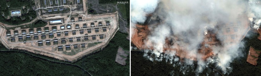 This combo picture shows two satellite images of an ammunition depot in Toropets, Russia, on Saturday Sept. 7, 2024, left, and the same ammunition depot in the aftermath of a large series of explosion, on Wednesday, Sept, 18, 2024, right. Ukrainian drones struck a large military depot in a town deep inside Russia overnight, causing a huge fire and forcing some residents to evacuate, a Ukrainian official and Russian news reports said Wednesday, Sept, 18. 2024. At least 13 people were injured, Russia's Health Ministry added. (Satellite image ©2023 Maxar Technologies via AP)