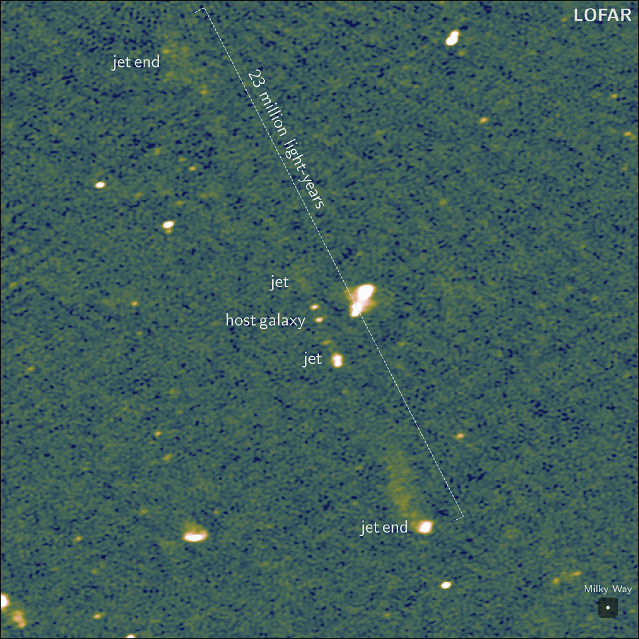 This undated image provided by Caltech, taken by Europe's LOFAR (LOw Frequency ARray) radio telescope, shows the longest known pair of black hole jets, as reported Wednesday, Sept. 18, 2024, in the journal Nature. (LOFAR Collaboration/Martijn Oei/Caltech via AP)