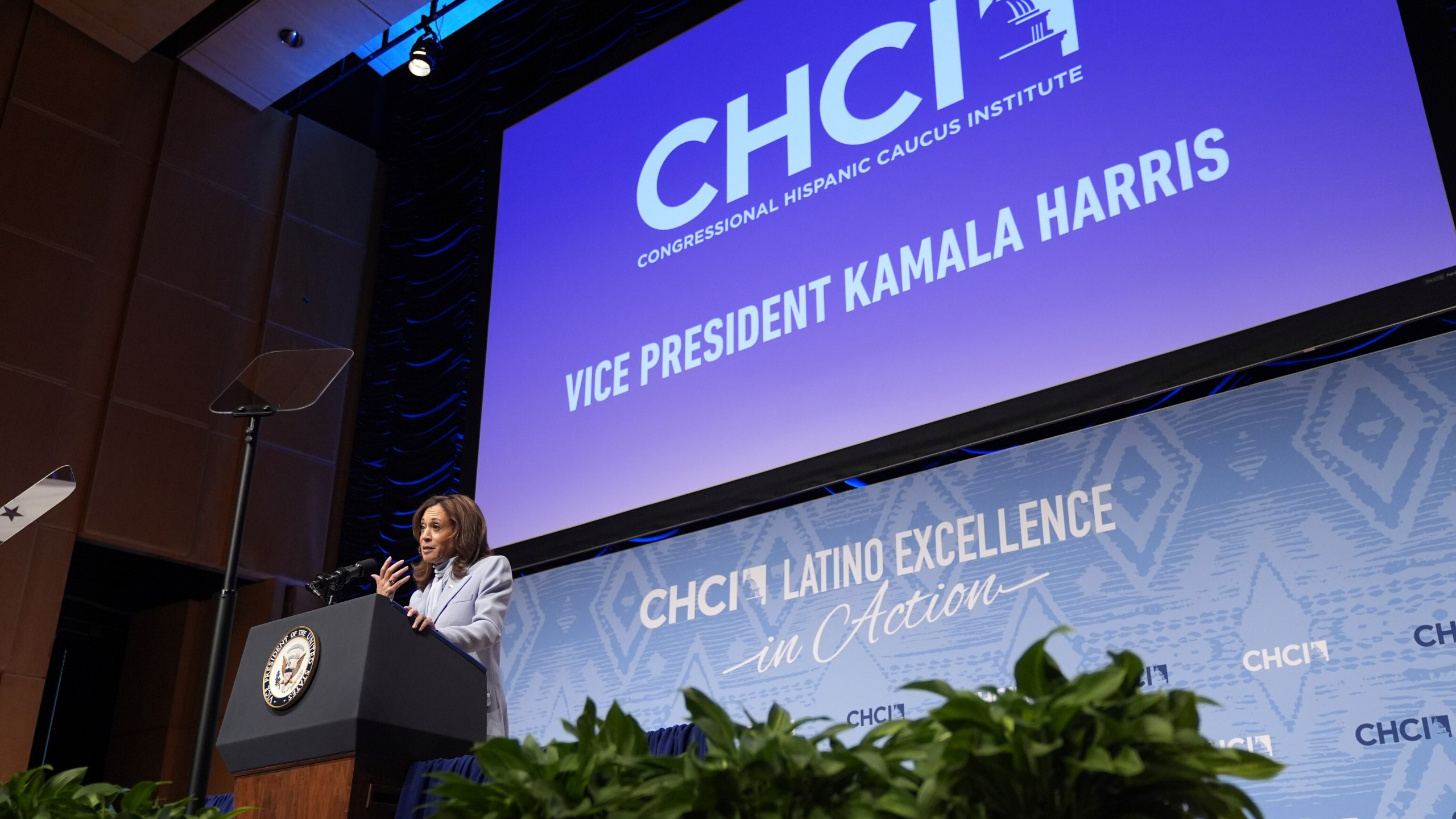 Democratic presidential nominee Vice President Kamala Harris speaks at the Congressional Hispanic Caucus Institute (CHCI) leadership conference, Wednesday, Sept. 18, 2024, in Washington. (AP Photo/Jacquelyn Martin)