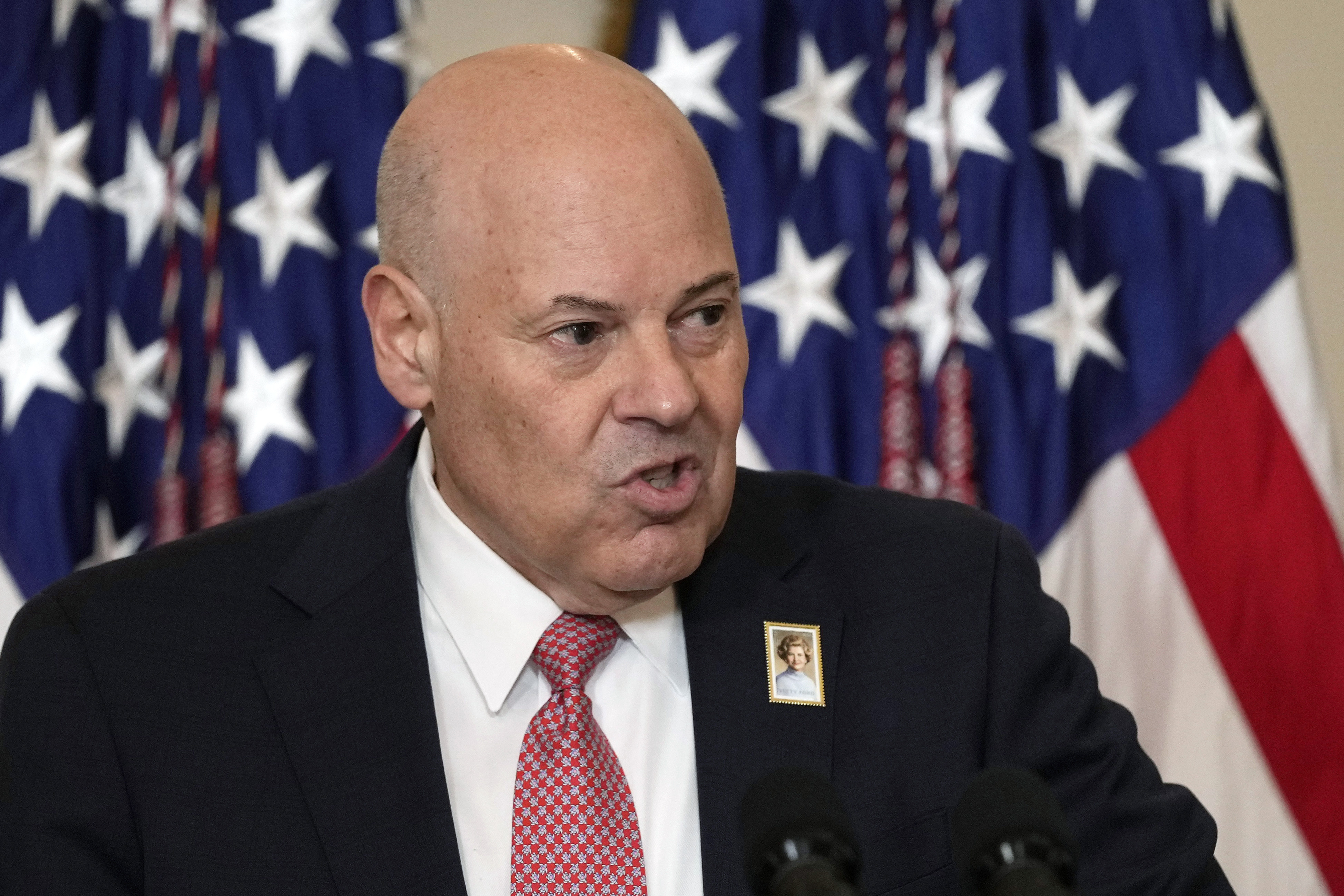 FILE - Postmaster General and CEO Louis DeJoy speaks in the East Room of the White House in Washington, March 6, 2024. (AP Photo/Susan Walsh, File)