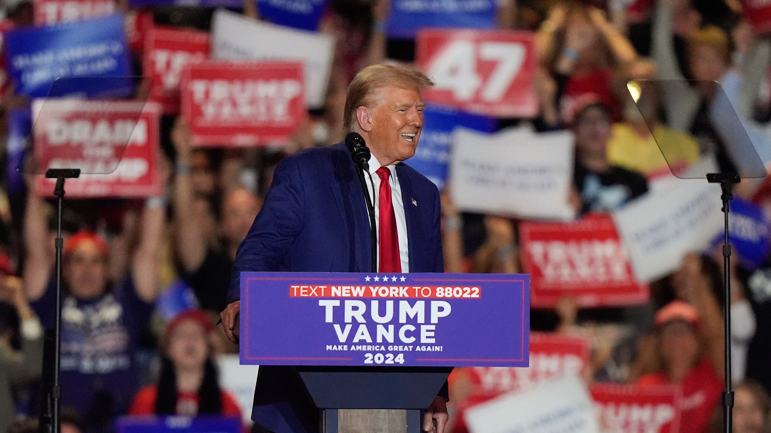 Republican presidential nominee former President Donald Trump, speaks during a campaign event, Wednesday, Sept. 18, 2024, in Uniondale, N.Y. (AP Photo/Frank Franklin II)