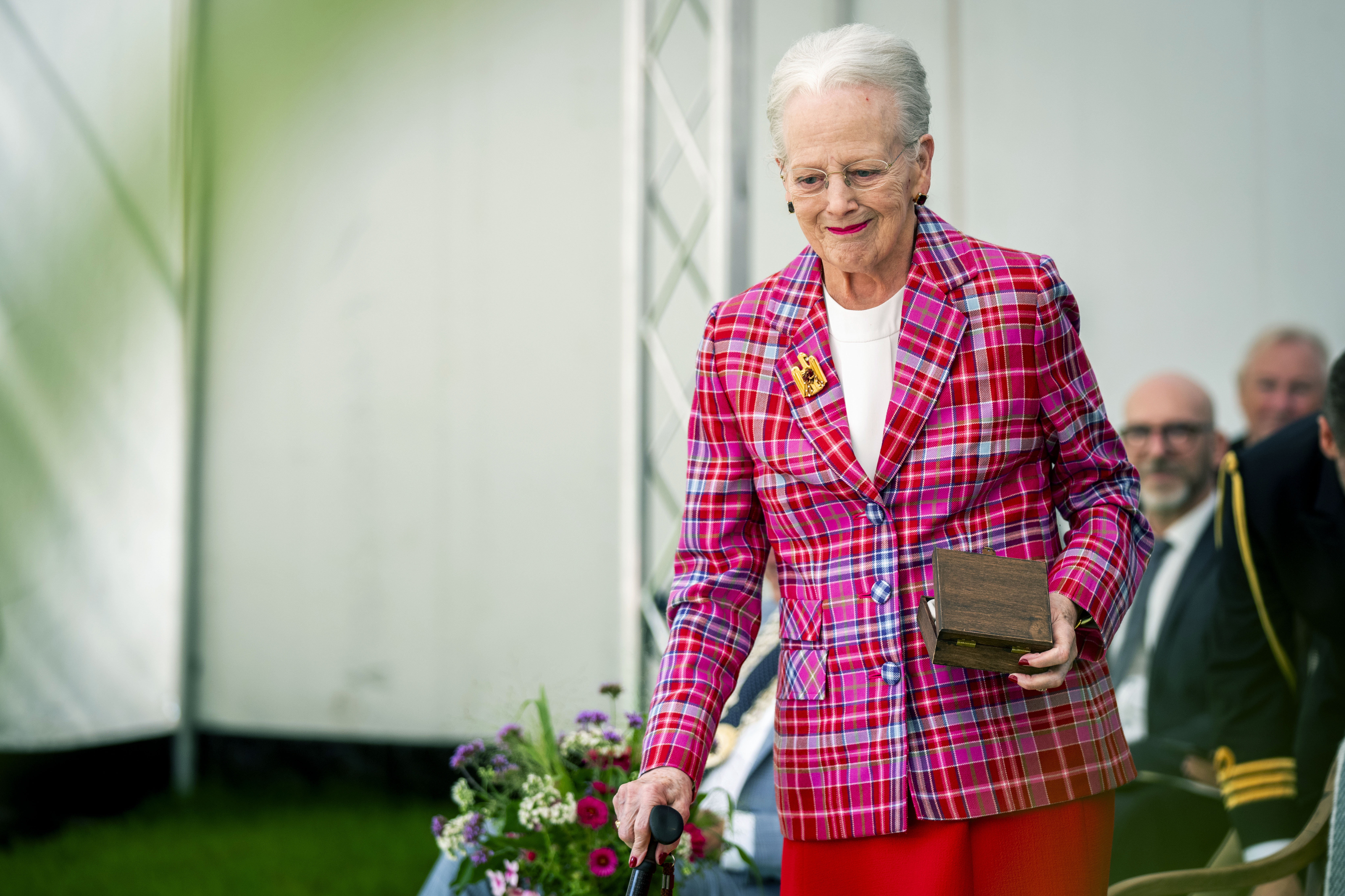 Denmark's Queen Margrethe attends the Rungstedlund Prize 2024 at the Karen Blixen Museum in Rungsted, Denmark, Monday, Sept. 16, 2024. (Ida Marie Odgaard/Ritzau Scanpix via AP)