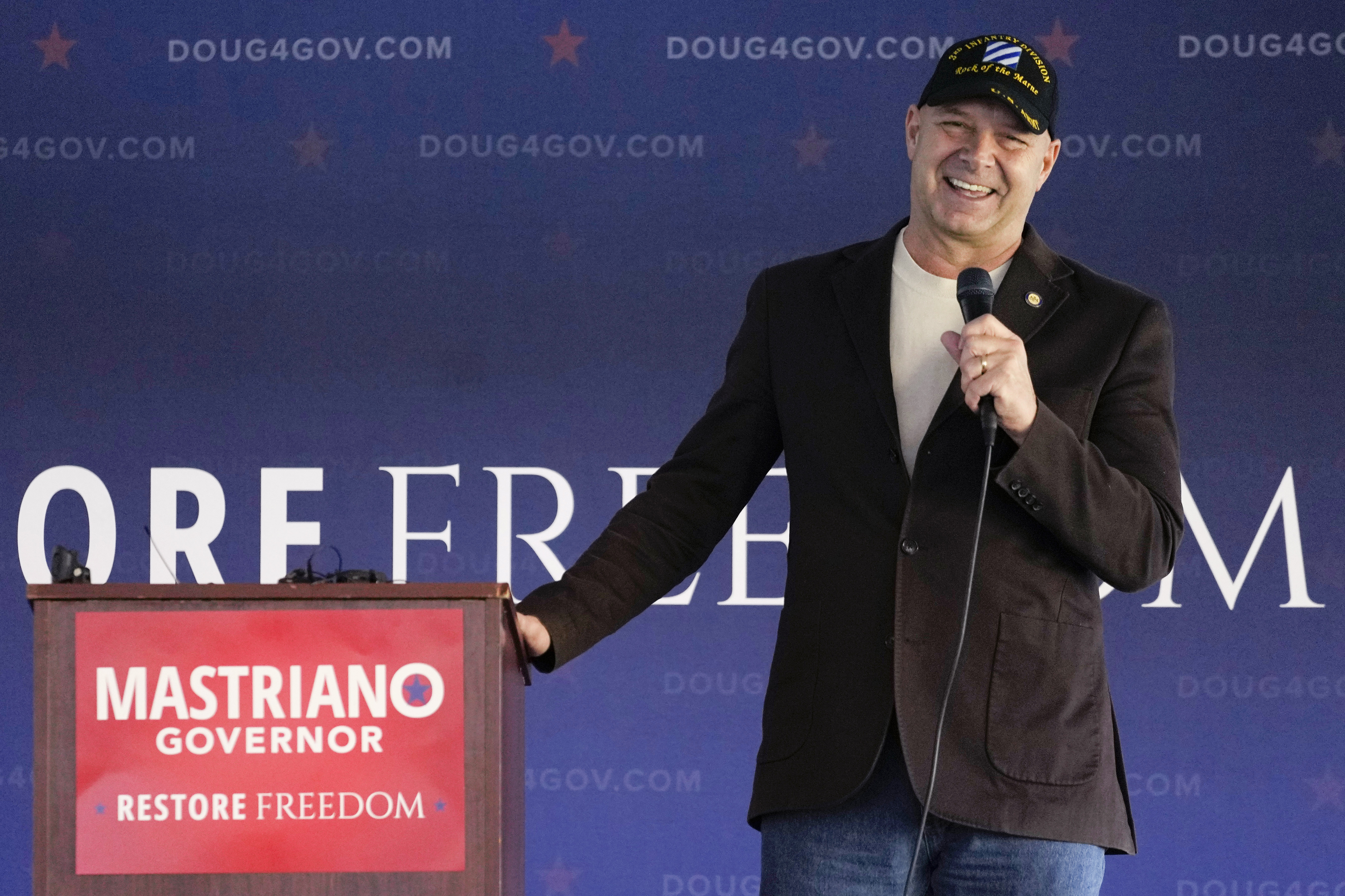 FILE - Pennsylvania Republican gubernatorial candidate Doug Mastriano speaks during a campaign event at Crossing Vineyards and Winery in Newtown, Pa., Monday, Nov. 7, 2022. (AP Photo/Carolyn Kaster, File)