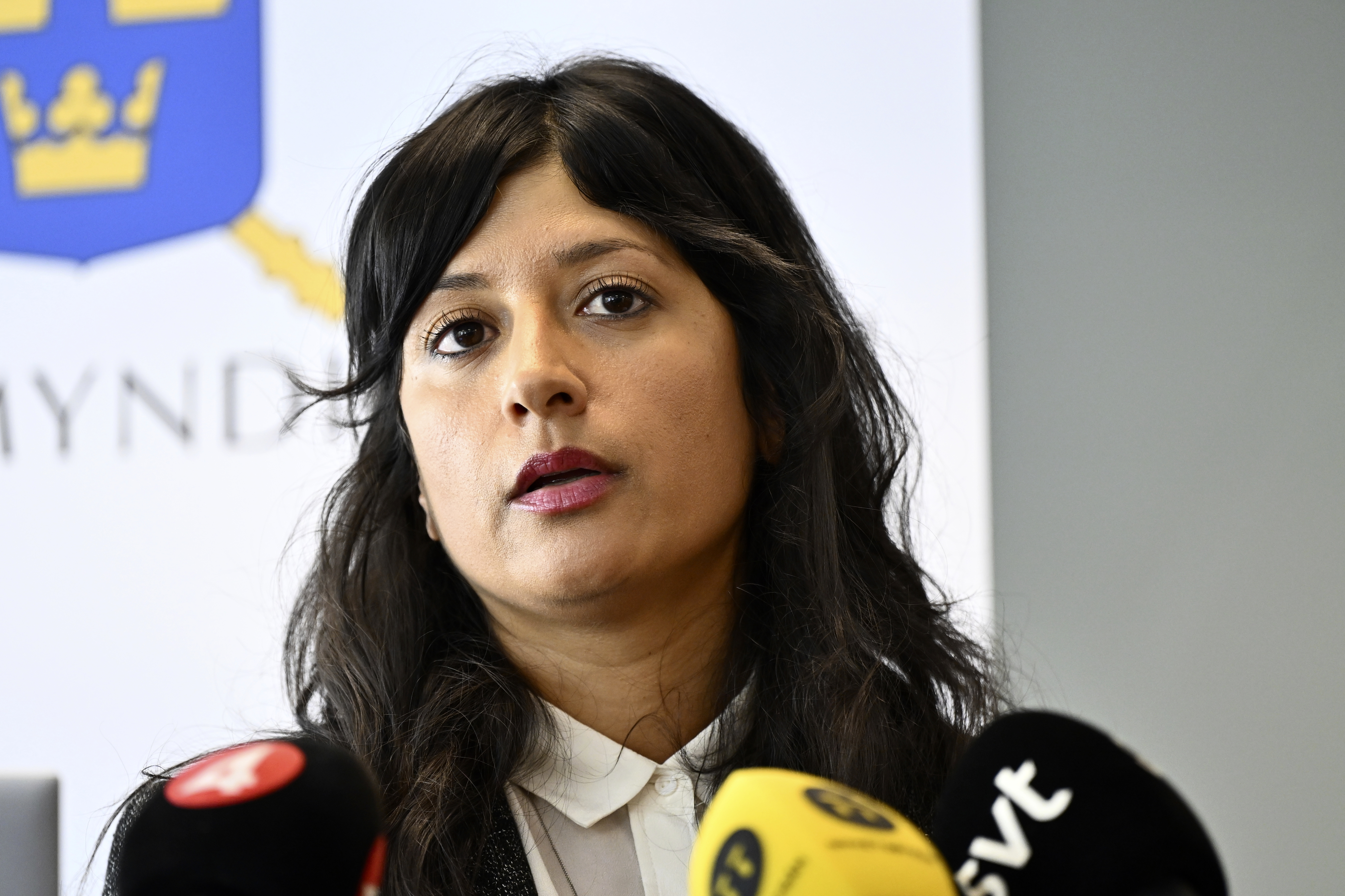 Prosecutor Reena Devgun speaks during a press conference regarding the indictment of a 52-year-old woman, associated with the Islamic State group, with genocide, crimes against humanity and serious war crimes against Yazidi women and children in Syria, in Stockholm, Thursday, Sept. 19, 2024. (Anders Wiklund/TT News Agency via AP)