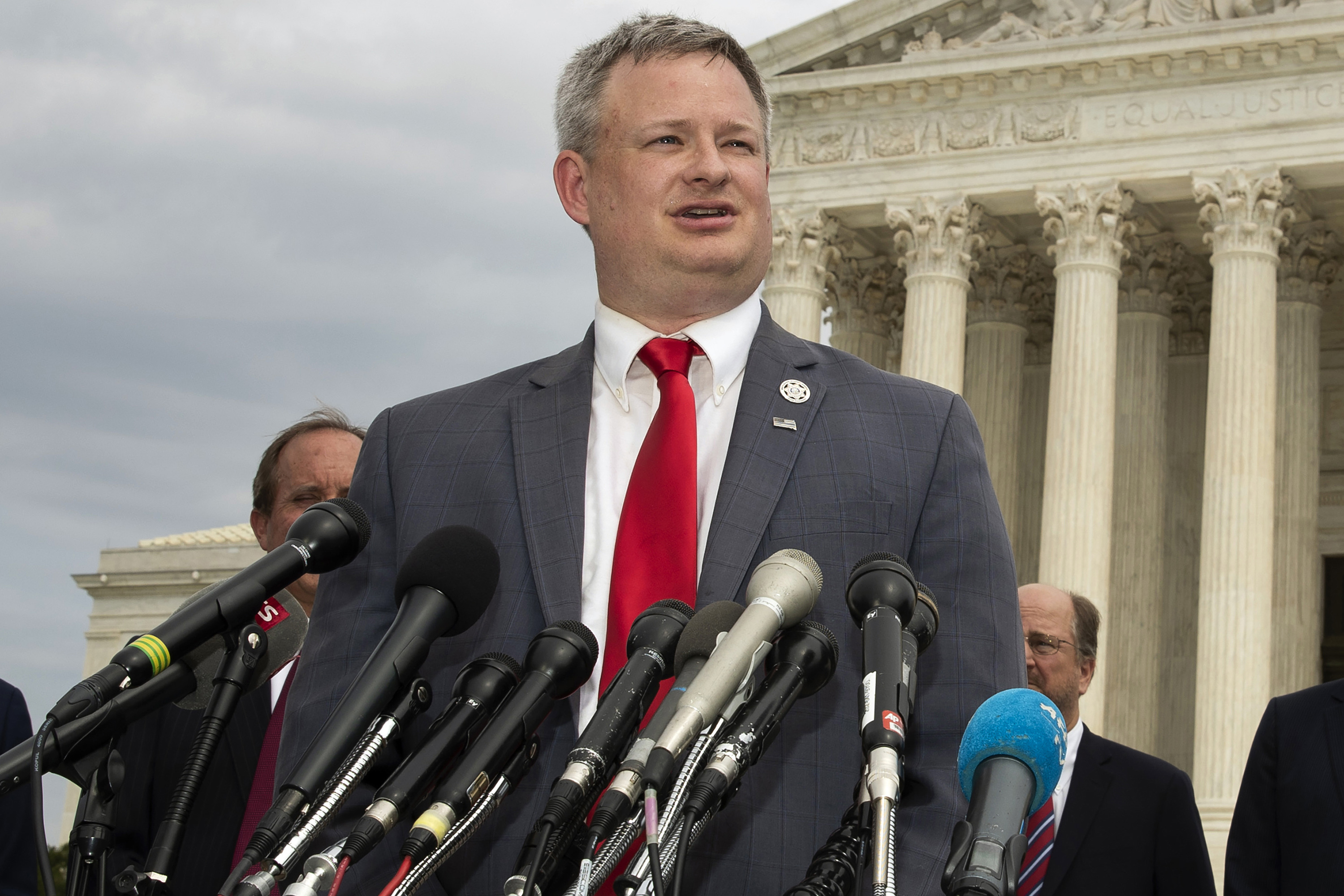 FILE - South Dakota Attorney General Jason Ravnsborg speaks to reporters in front of the U.S. Supreme Court in Washington on Sept. 9, 2019. (AP Photo/Manuel Balce Ceneta, File)