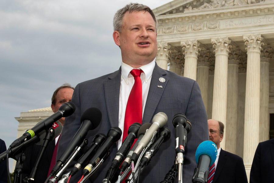 FILE - South Dakota Attorney General Jason Ravnsborg speaks to reporters in front of the U.S. Supreme Court in Washington on Sept. 9, 2019. (AP Photo/Manuel Balce Ceneta, File)