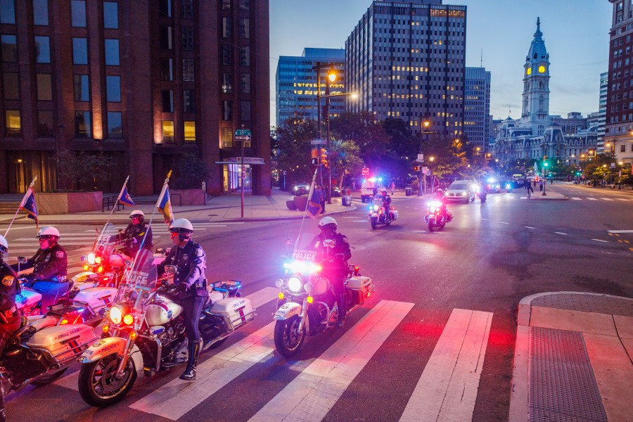 Funeral procession for Philadelphia police officer Jaime Roman in route to the Cathedral Basilica of Saints Peter and Paul on Thursday, Sept. 19, 2024. (Alejandro A. Alvarez/The Philadelphia Inquirer via AP)