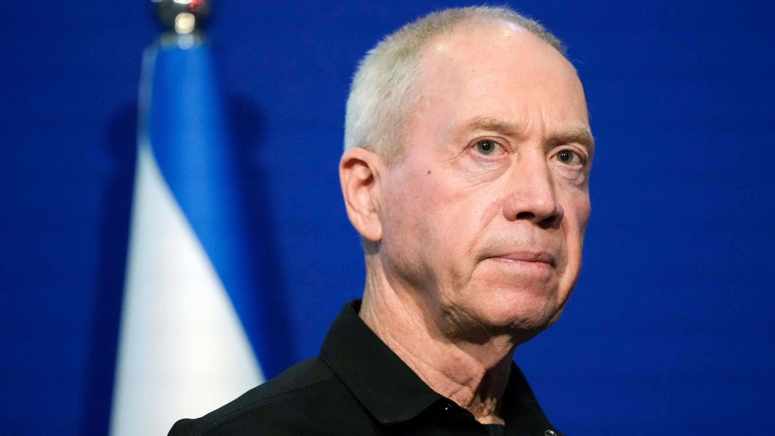 FILE - Israeli Defense Minister Yoav Gallant pauses while making a brief statement to the media at The Kirya, Israel's Ministry of Defense, Monday, Oct. 16, 2023, in Tel Aviv. (AP Photo/Jacquelyn Martin, Pool, File)