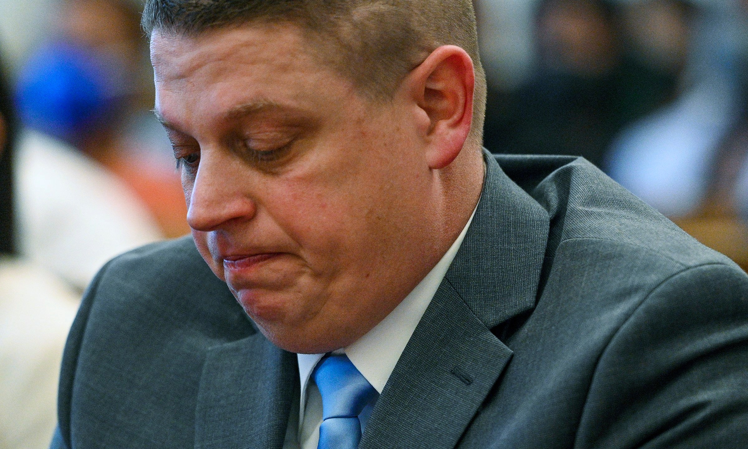 FILE - Former Kansas City police detective Eric DeValkenaere listens to witness statements during his sentencing hearing, March 4, 2022 in Kansas City, Mo. The Missouri Supreme Court on Tuesday, March 5, 2024 declined to hear an appeal by DeValkenaere, who is serving a six-year sentence for fatally shooting Cameron Lamb in 2019. (Jill Toyoshiba/The Kansas City Star via AP, File)