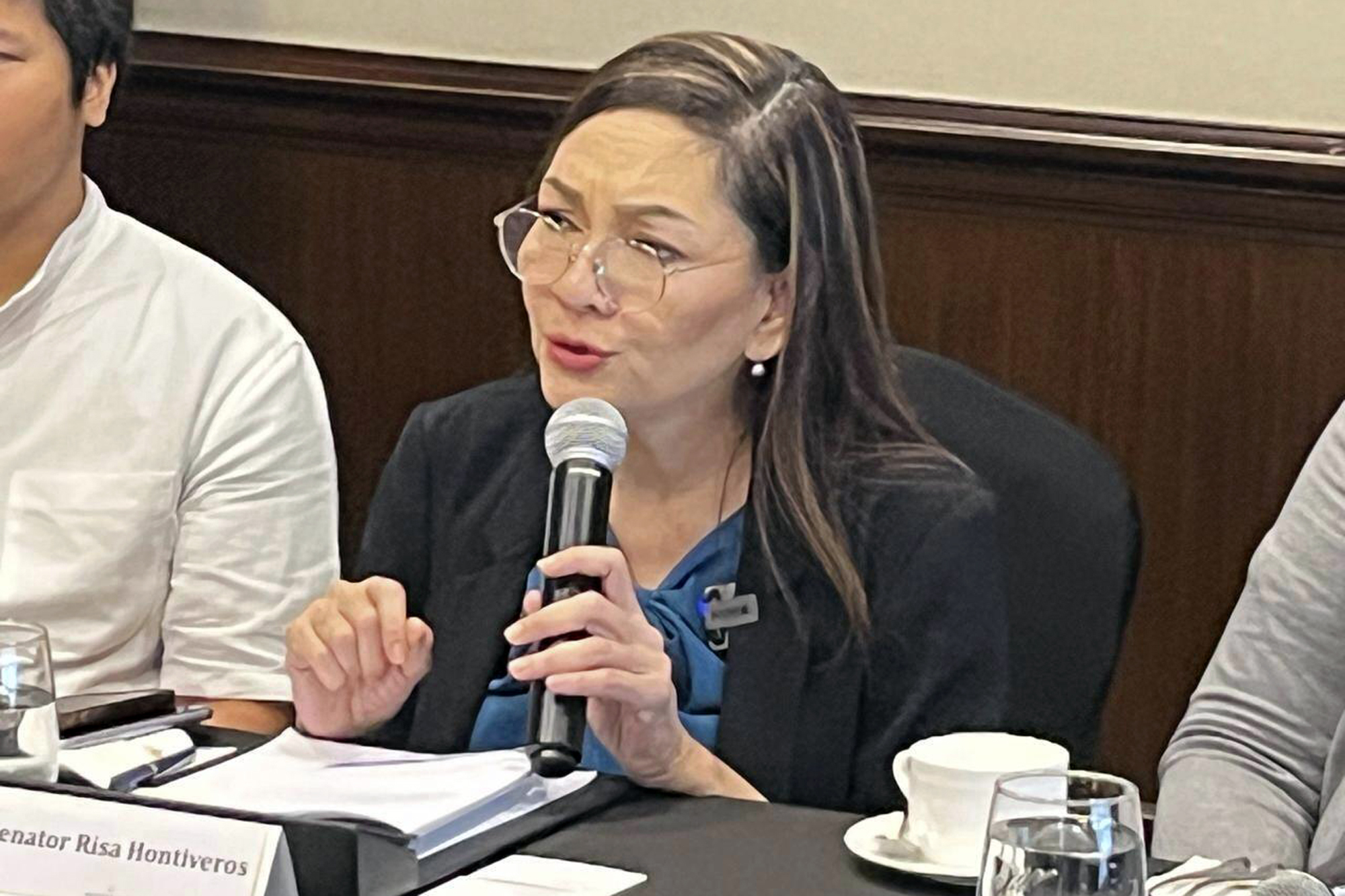 Filipino Sen. Risa Hontiveros, who has led an investigation into the massive online gambling and scam operations in the Philippines, speaks at a news briefing in Manila, Philippines, Friday Sept. 20, 2024. (AP Photo/Jim Gomez)