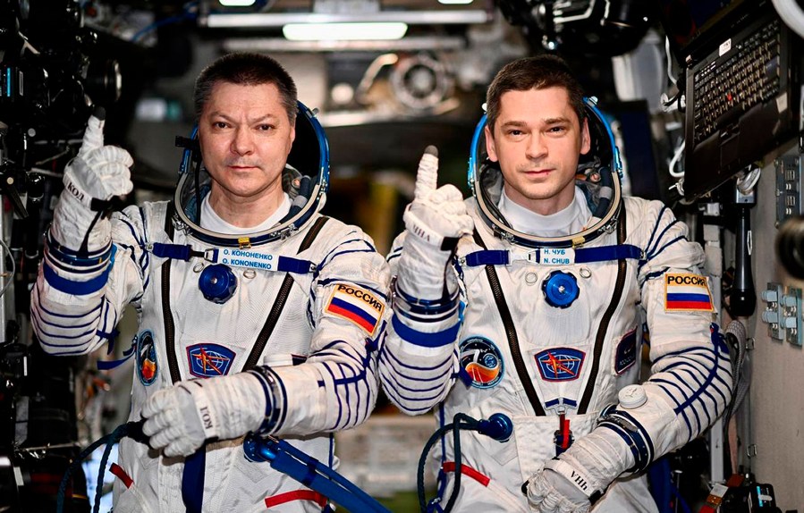 In this undated photo released by Roscosmos space corporation, Russians Oleg Kononenko and Nikolai Chub are shown aboard the International Space Station on Friday, Sept. 20, 2024. They set the record for the longest continuous presence on the ISS, more than 370 days. (Roscosmos space corporation via AP)