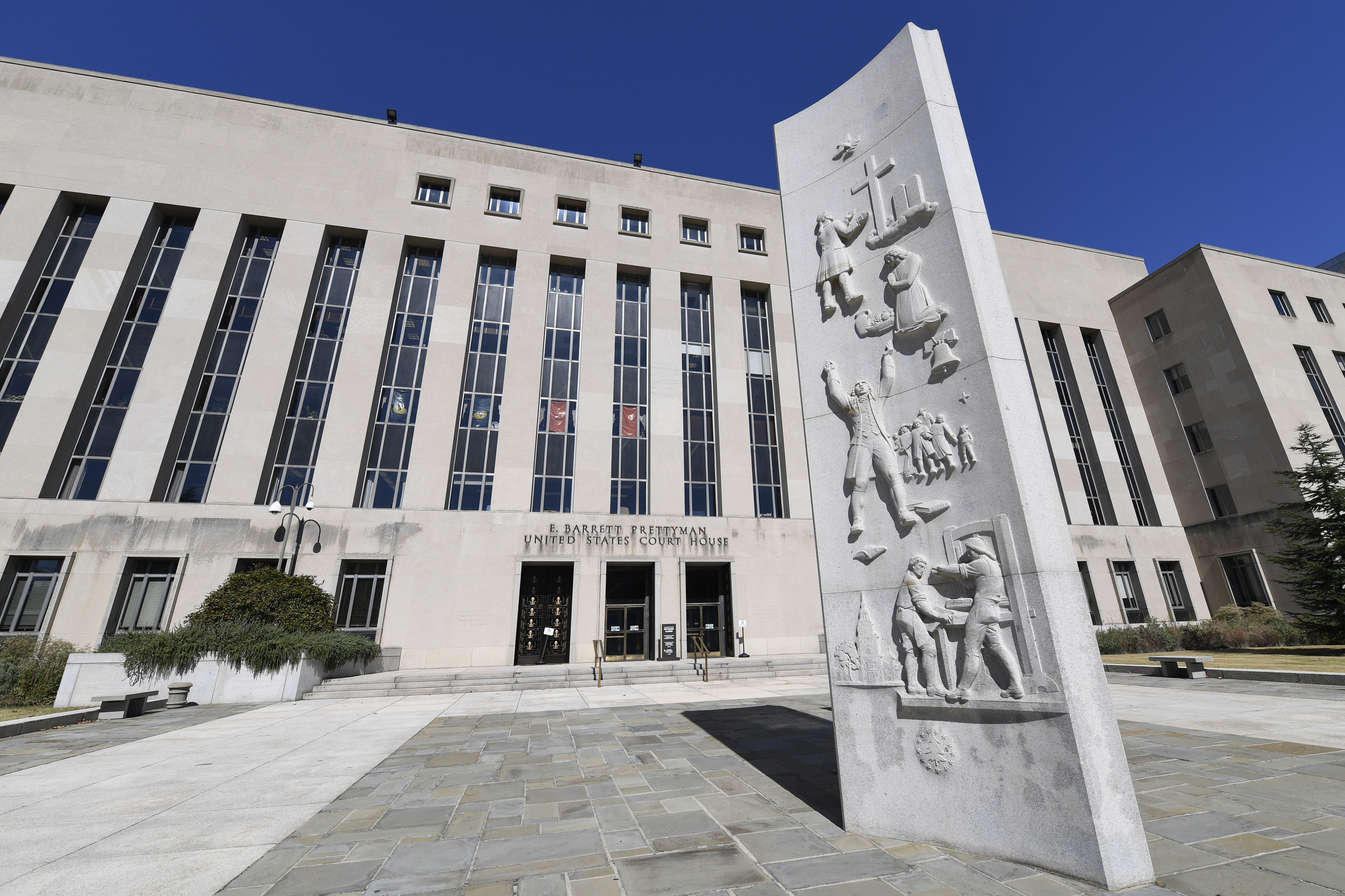 FILE - The E. Barrett Prettyman United States Courthouse in Washington, Oct. 11, 2019 . Rubén Oseguera, the son of a Mexican drug cartel leader, has been convicted of charges that he used violence to help his father operate one of the country’s largest and most dangerous narcotics trafficking organizations. (AP Photo/Susan Walsh, File)