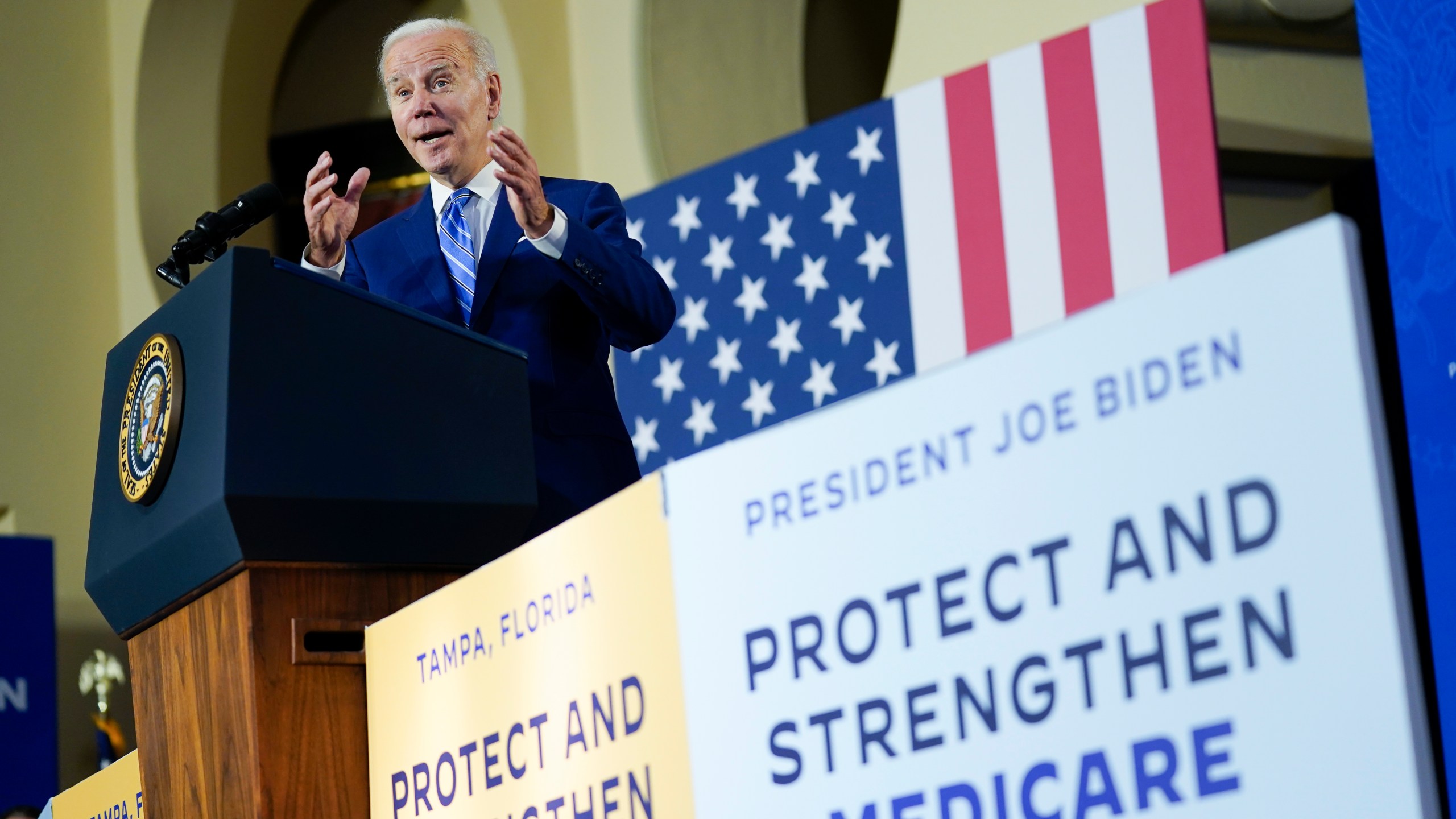 FILE - President Joe Biden speaks about his administration's plans to protect Social Security and Medicare and lower healthcare costs, Feb. 9, 2023, at the University of Tampa in Tampa, Fla. (AP Photo/Patrick Semansky, File)