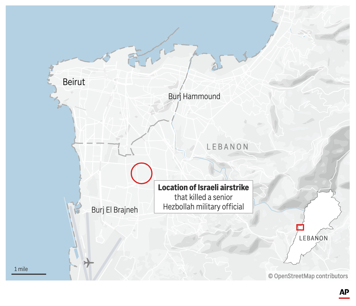 The map above shows the location of an Israeli strike near Beirut that killed a Hezbollah commander. (AP Digital Embed)