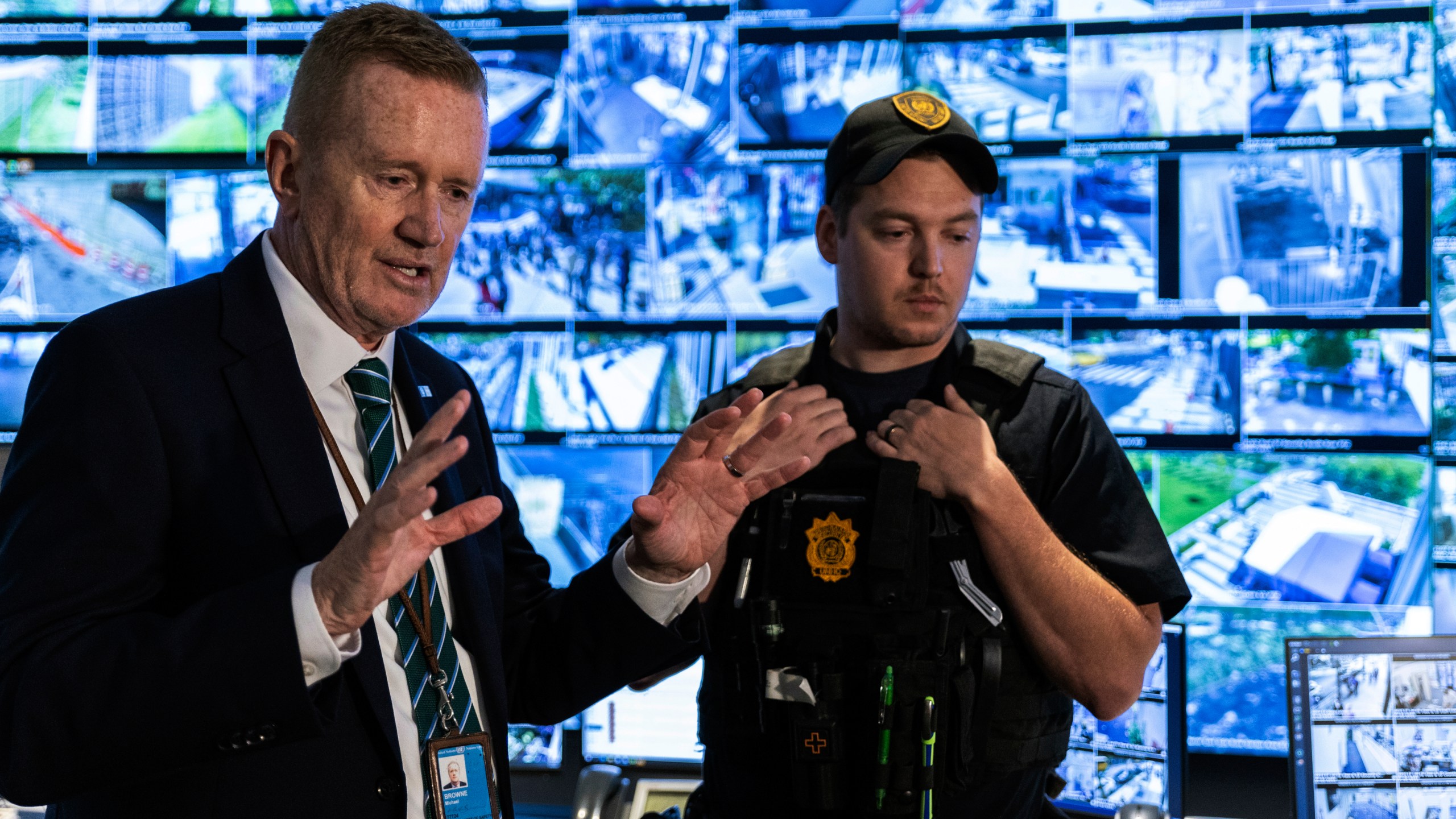 United Nations Department of Safety & Security, Chief Michael Browne, left, speaks to the media during a tour of the UN Security Operations Center inside the United Nations Headquarters, Friday Sept. 20, 2024. (AP Photo/Stefan Jeremiah)