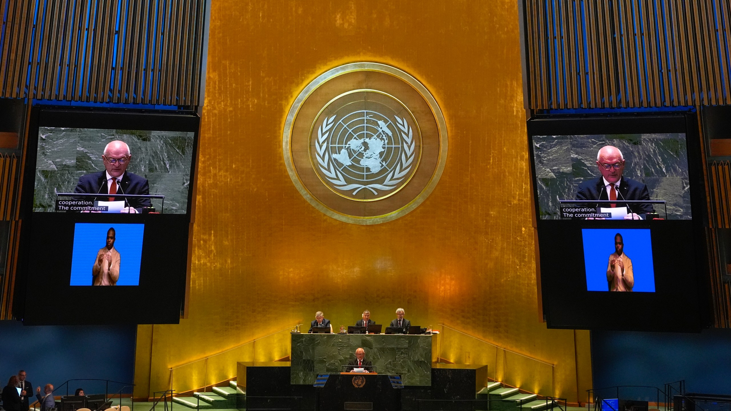 Bulgaria's Prime Minister Dimitar Glavchev speaks to the United Nations General Assembly during Summit of the Future, Sunday, Sept. 22, 2024 at U.N. headquarters. (AP Photo/Frank Franklin II)