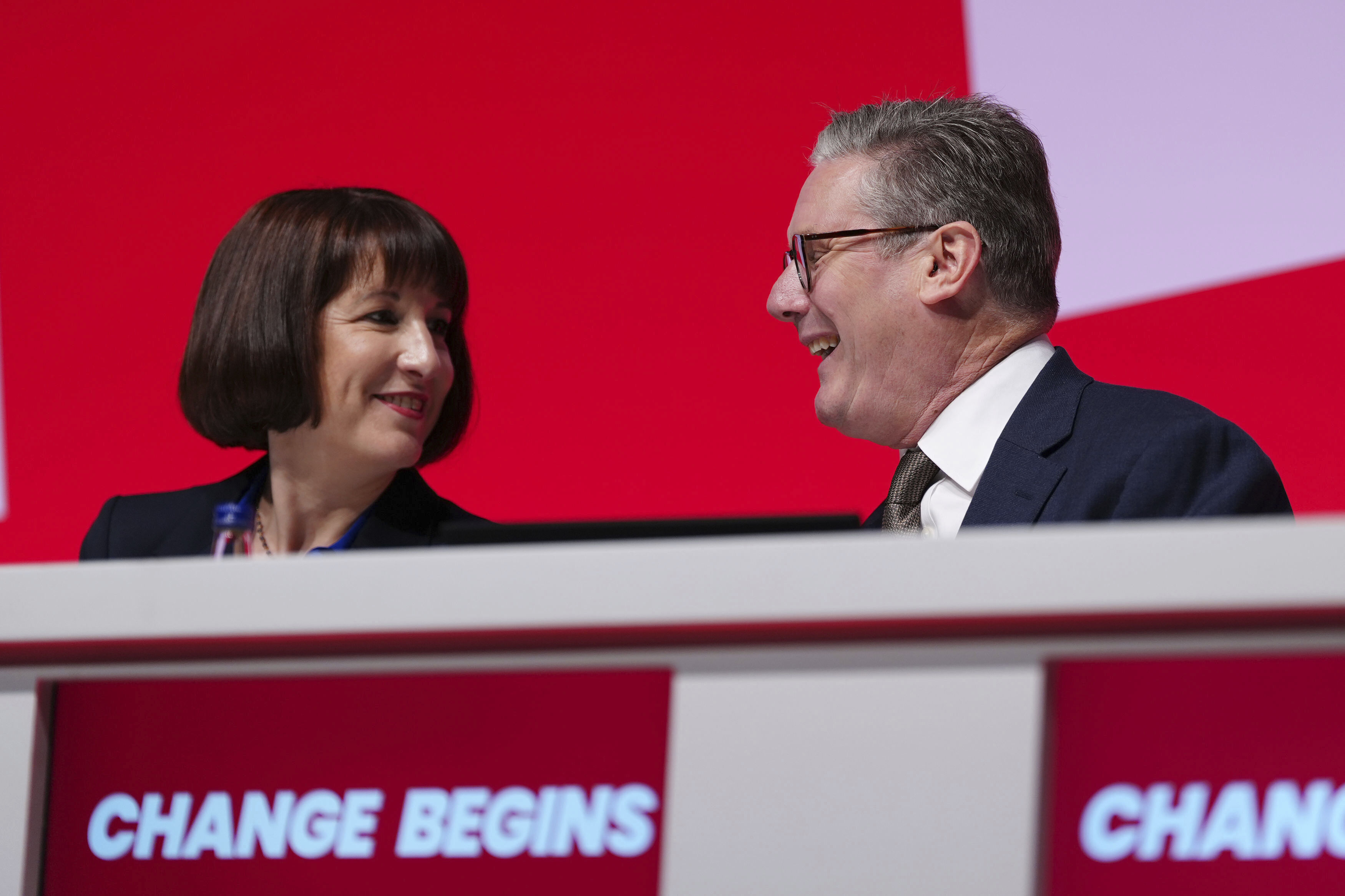 Britain's Prime Minister Keir Starmer and Chancellor of the Exchequer Rachel Reeves attend the Labour Party Conference in Liverpool, England, Sunday Sept. 22, 2024. (Peter Byrne/PA via AP)