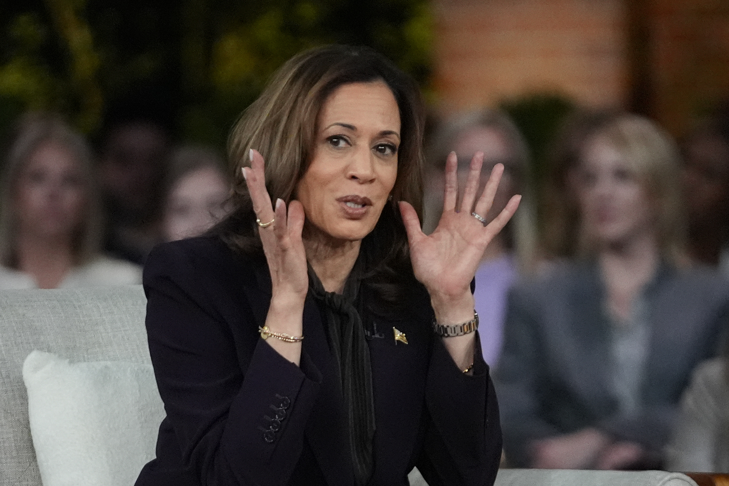 Democratic presidential nominee Vice President Kamala Harris speaks as she joins Oprah Winfrey at Oprah's Unite for America Live Streaming event Thursday, Sept. 19, 2024 in Farmington Hills, Mich. (AP Photo/Paul Sancya)