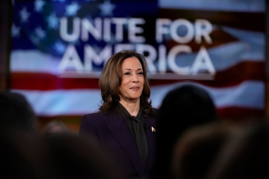 Democratic presidential nominee Vice President Kamala Harris listens as she joins Oprah Winfrey at Oprah's Unite for America Live Streaming event Thursday, Sept. 19, 2024 in Farmington Hills, Mich. (AP Photo/Paul Sancya)