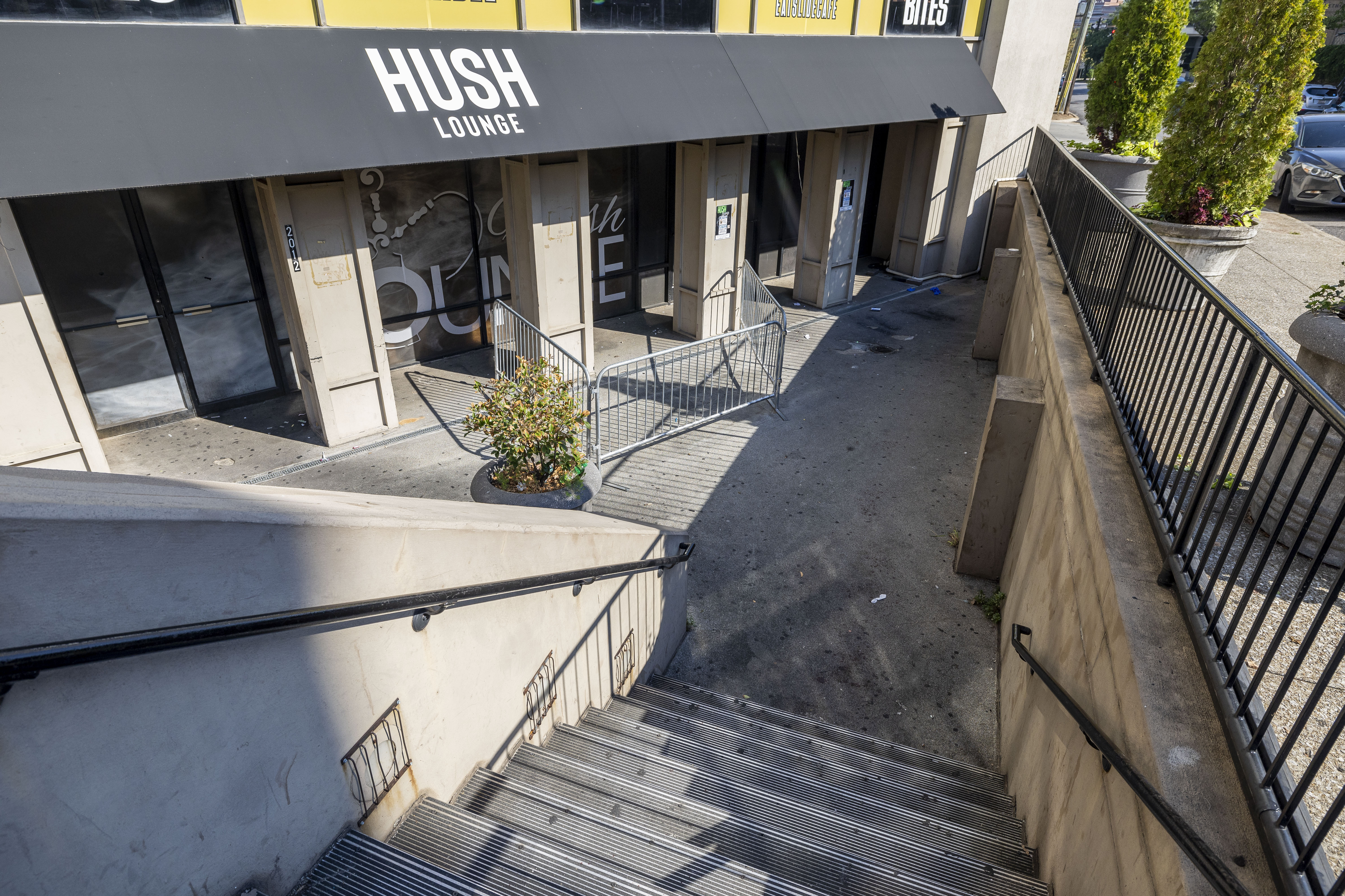 The scene of a fatal Saturday night shooting outside Hush, a hookah lounge, in the Five Points neighborhood of Birmingham, Ala., Sunday, Sept. 22, 2024. (AP Photo/Vasha Hunt)