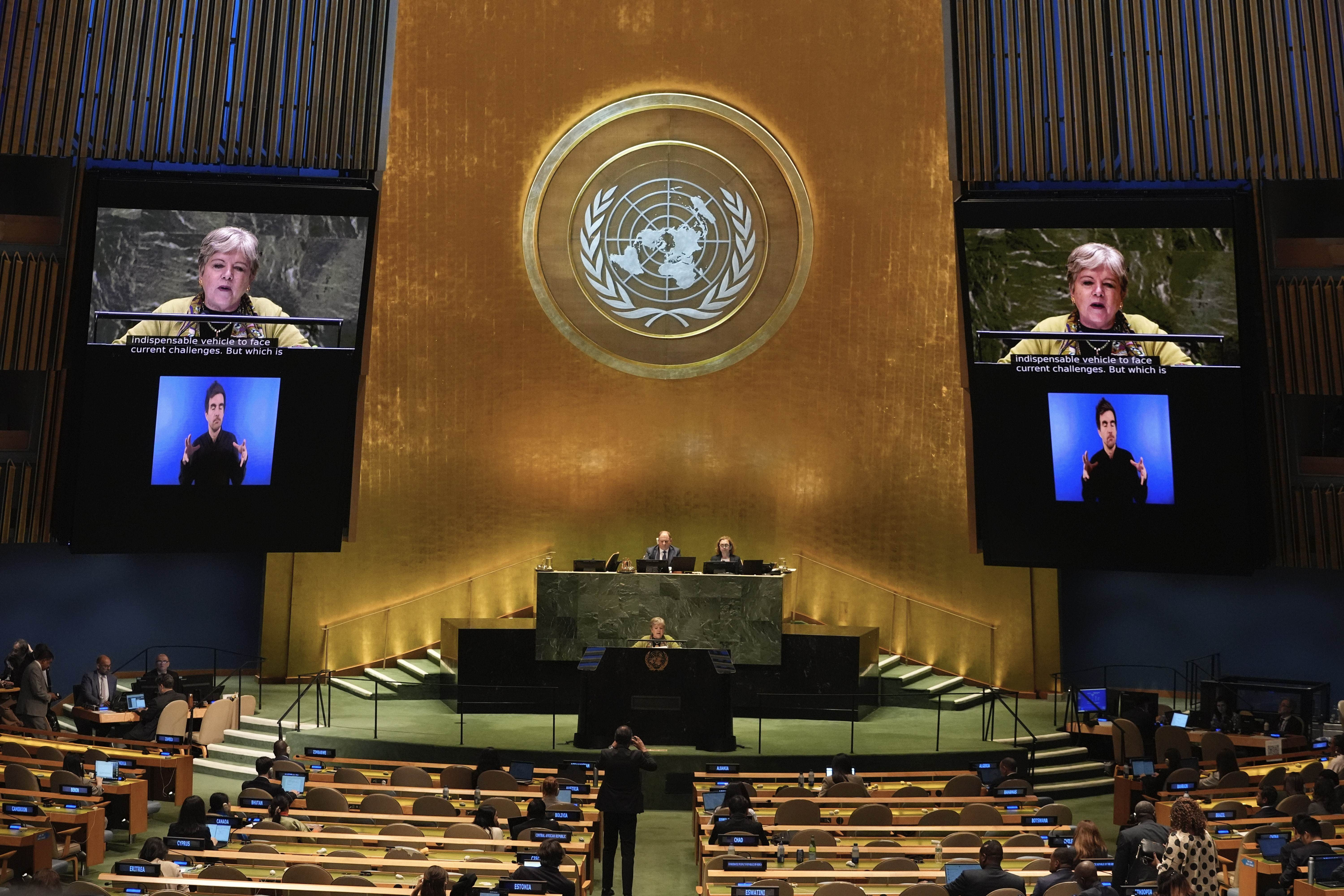 Mexico's Foreign Secretary Alicia Bárcena speaks to the United Nations General Assembly during Summit of the Future, Sunday, Sept. 22, 2024 at U.N. headquarters. (AP Photo/Frank Franklin II)