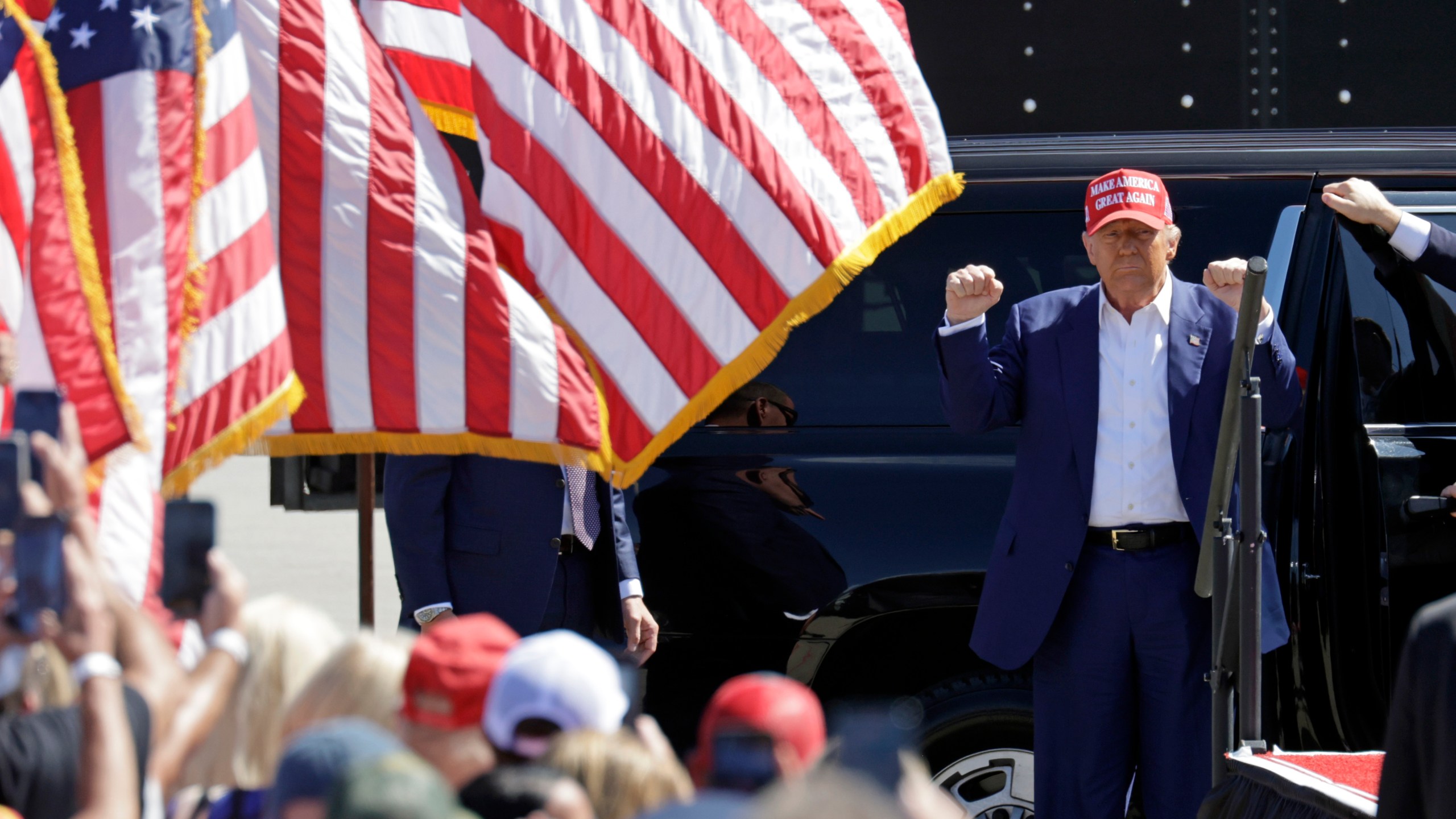 Republican presidential nominee former President Donald Trump arrives at a campaign event at Wilmington International Airport in Wilmington, N.C., Saturday, Sept. 21, 2024. (AP Photo/Chris Seward)