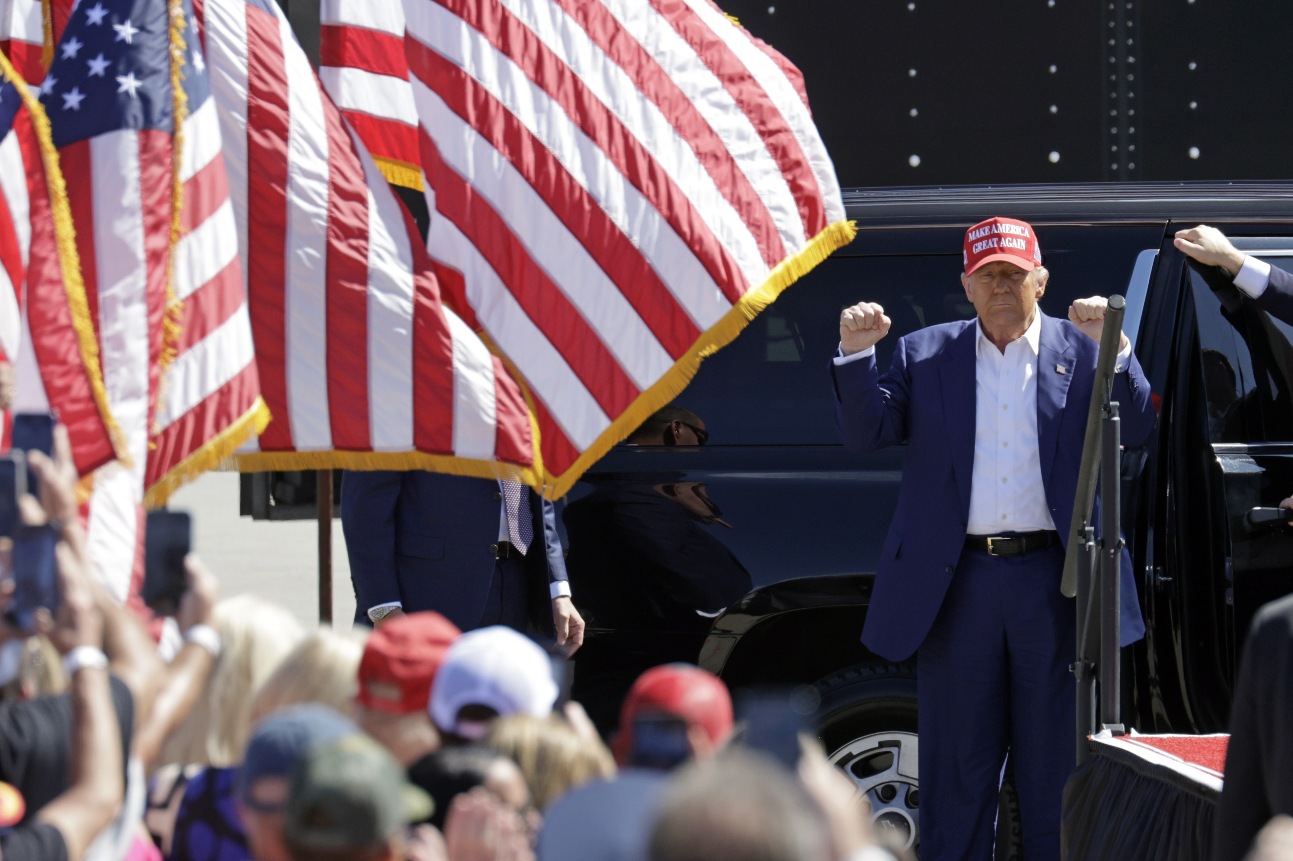 Republican presidential nominee former President Donald Trump arrives at a campaign event at Wilmington International Airport in Wilmington, N.C., Saturday, Sept. 21, 2024. (AP Photo/Chris Seward)