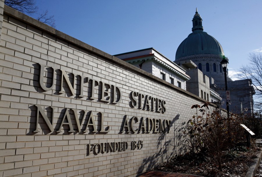 FILE - An entrance to the U.S. Naval Academy campus in Annapolis, Md., is seen Jan. 9, 2014. (AP Photo/Patrick Semansky, File)