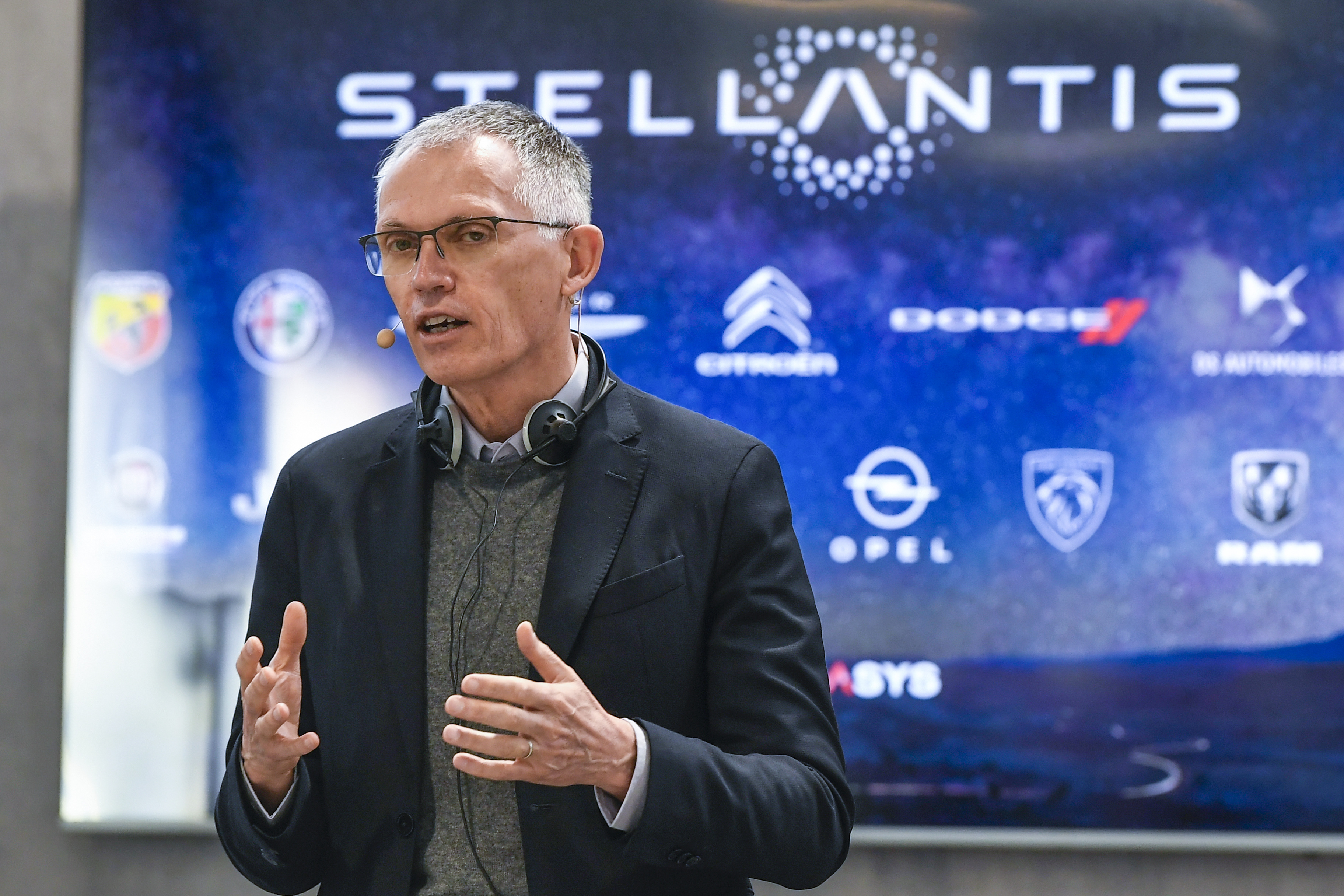 FILE - Stellantis CEO Carlos Tavares speaks during a news conference following a meeting with unions, March 31, 2022, in Turin, Italy. (Fabio Ferrari/LaPresse via AP, File)