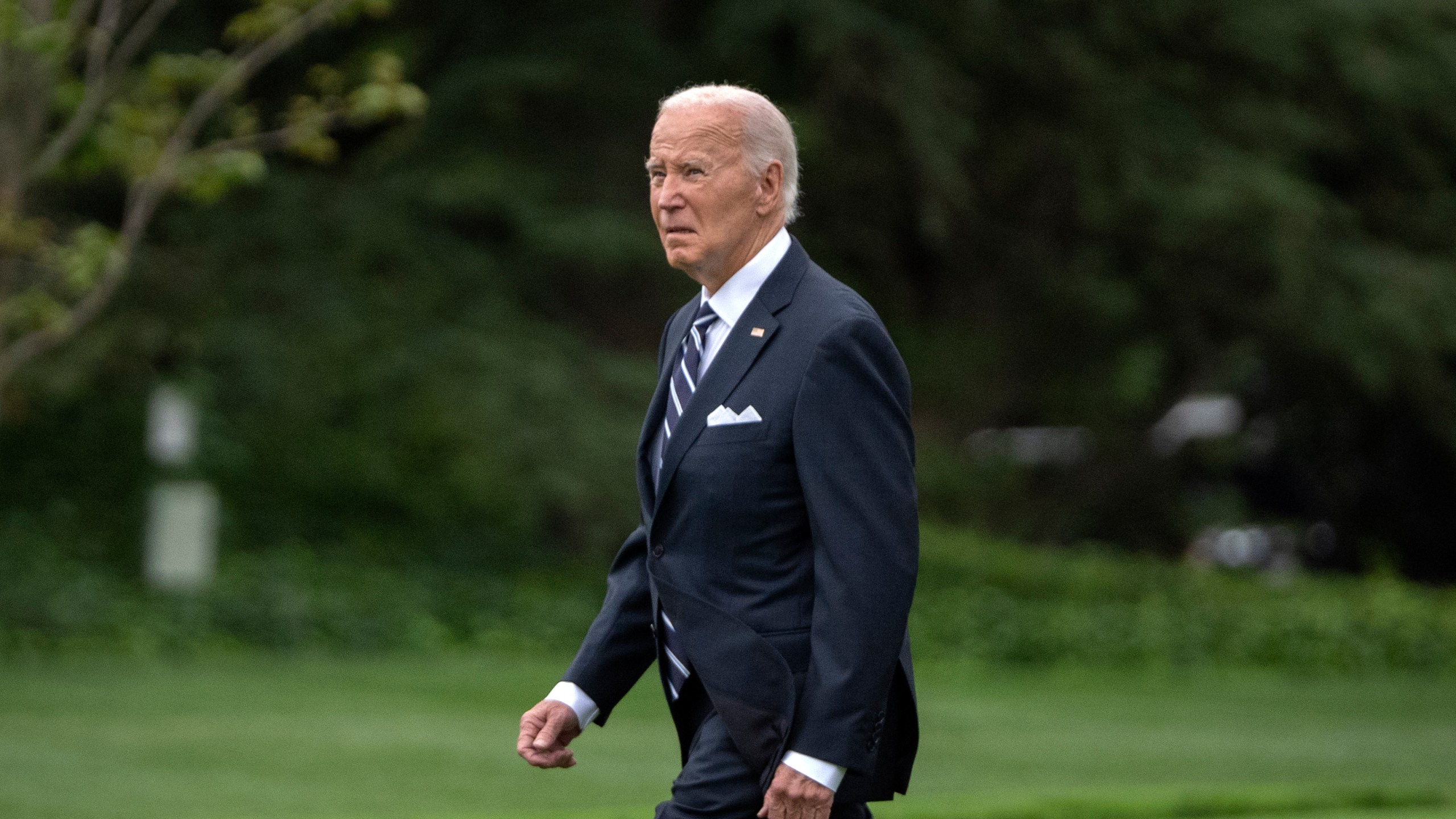 President Joe Biden walks out of the White House to board Marine One on the South Lawn in Washington, Monday, Sept. 23, 2024, for a short trip to Joint Base Andrews, Md., and then on to New York. (AP Photo/Mark Schiefelbein)