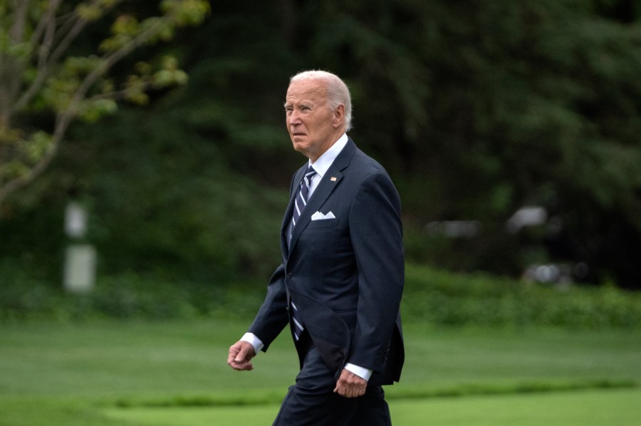 President Joe Biden walks out of the White House to board Marine One on the South Lawn in Washington, Monday, Sept. 23, 2024, for a short trip to Joint Base Andrews, Md., and then on to New York. (AP Photo/Mark Schiefelbein)