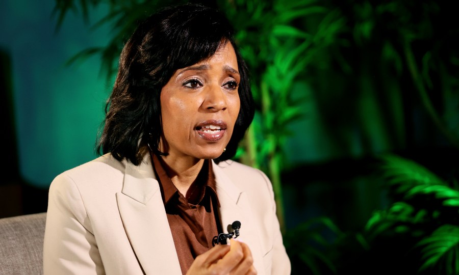 FILE - Prince George's County Executive Angela Alsobrooks speaks during an interview in Gaithersburg, Md., Sept. 20, 2024. (AP Photo/Daniel Kucin Jr.)