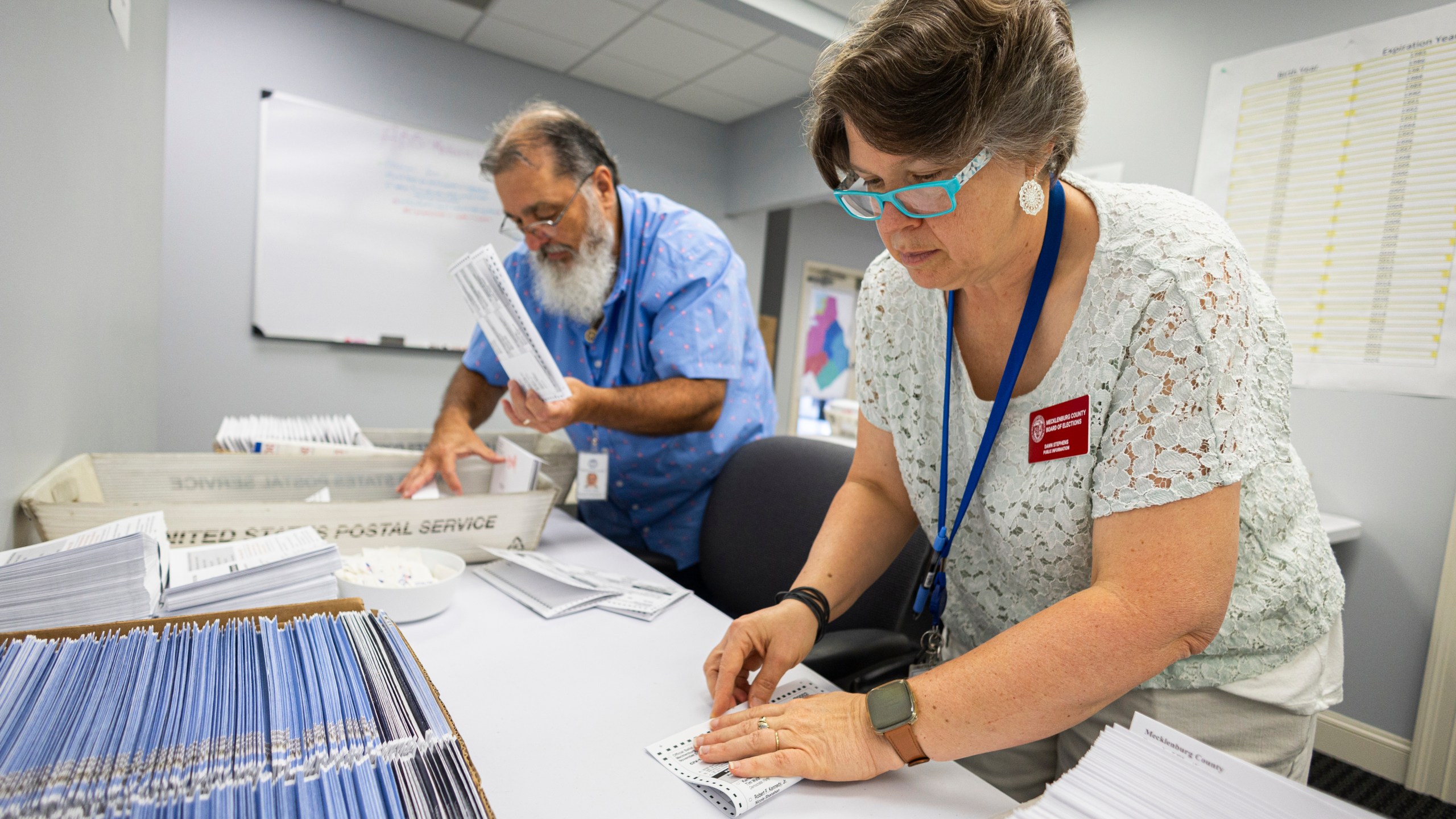 FILE - Dawn Stephens, right, and Duane Taylor prepare ballots to be mailed at the Mecklenburg County Board of Elections in Charlotte, N.C., Sept. 5, 2024. (AP Photo/Nell Redmond)