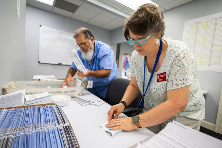 FILE - Dawn Stephens, right, and Duane Taylor prepare ballots to be mailed at the Mecklenburg County Board of Elections in Charlotte, N.C., Sept. 5, 2024. (AP Photo/Nell Redmond)