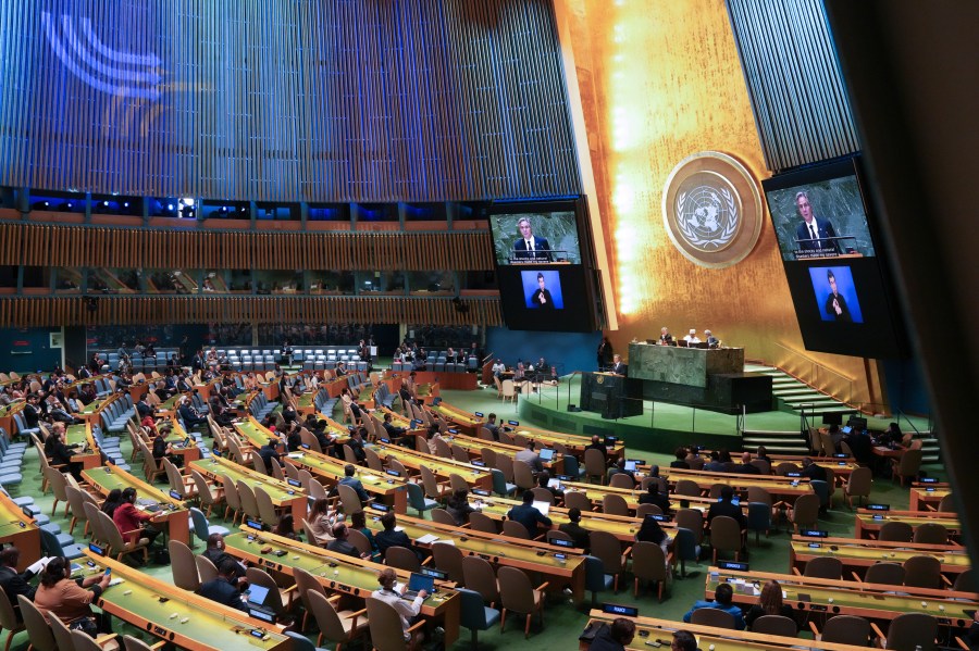 U.S. Secretary of State Antony Blinken speaks during "Summit of the Future" on the sidelines of the UN General Assembly at the United Nations Headquarters in New York, Monday, Sept. 23, 2024. (Bryan R. Smith/Pool Photo via AP)